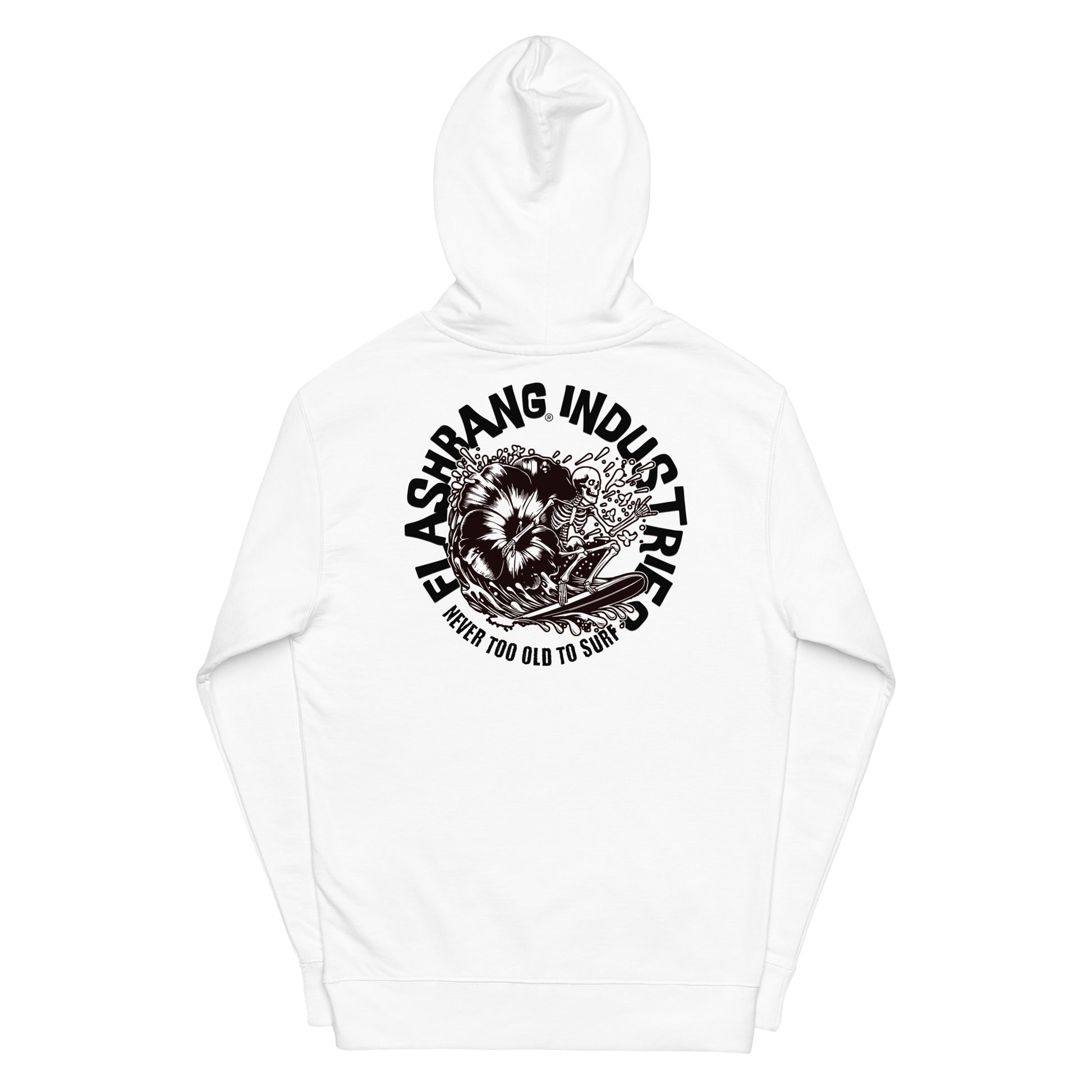White hoodie with black graphic design and text on a white background
