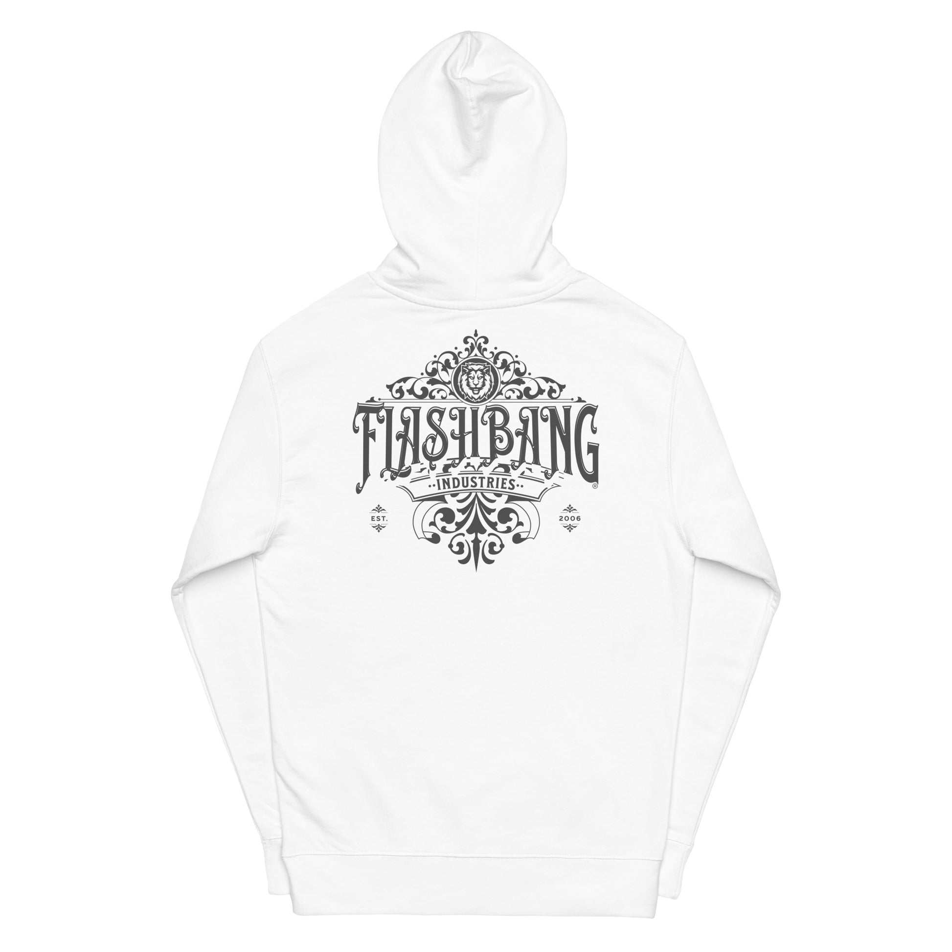 White hoodie with 'Flashbang Industries' logo on a white background