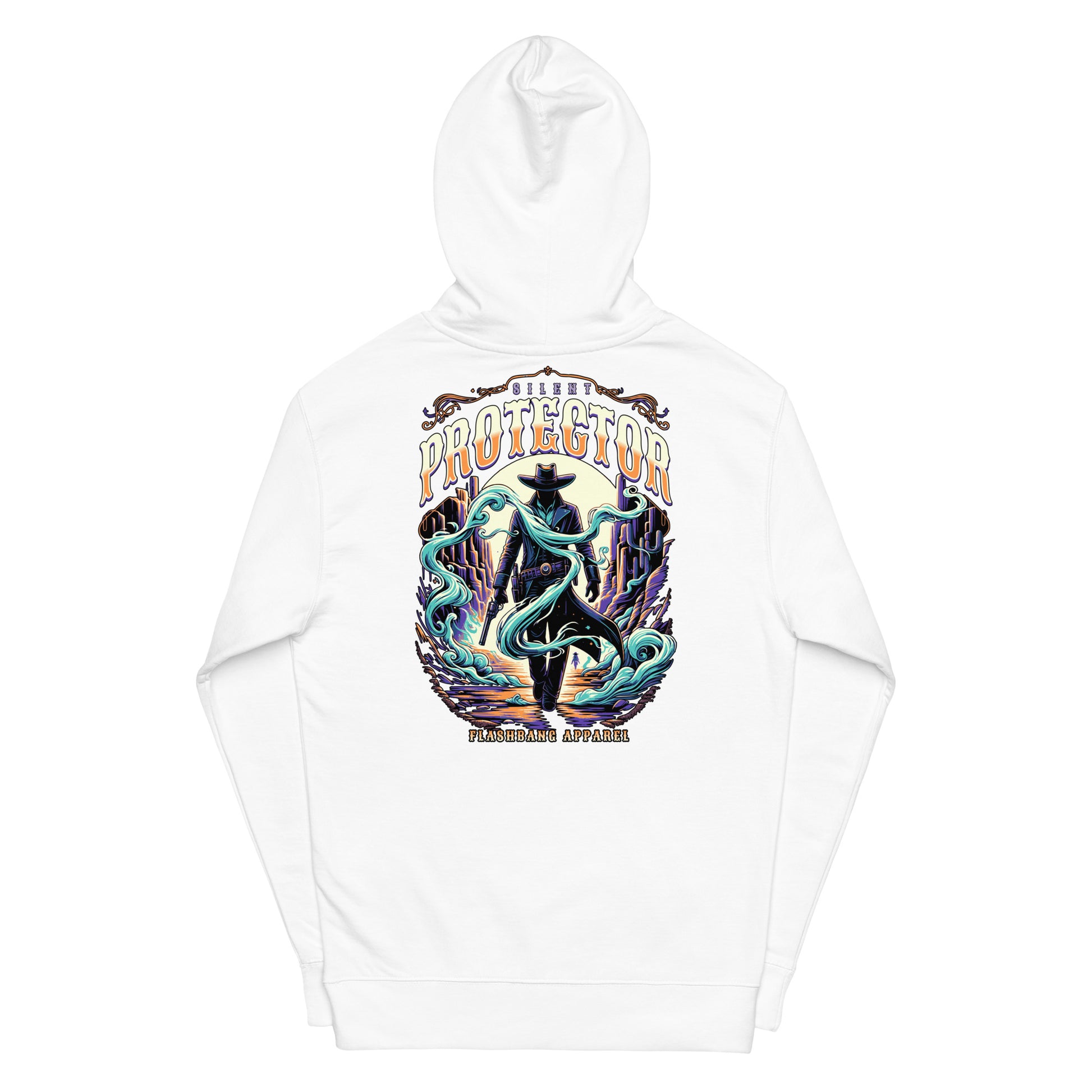White hoodie with a colorful graphic design on a white background