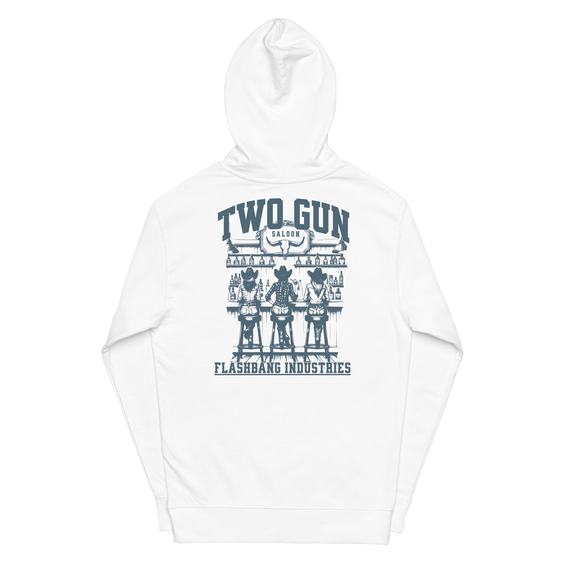 White hoodie with graphic design on the back on a white background