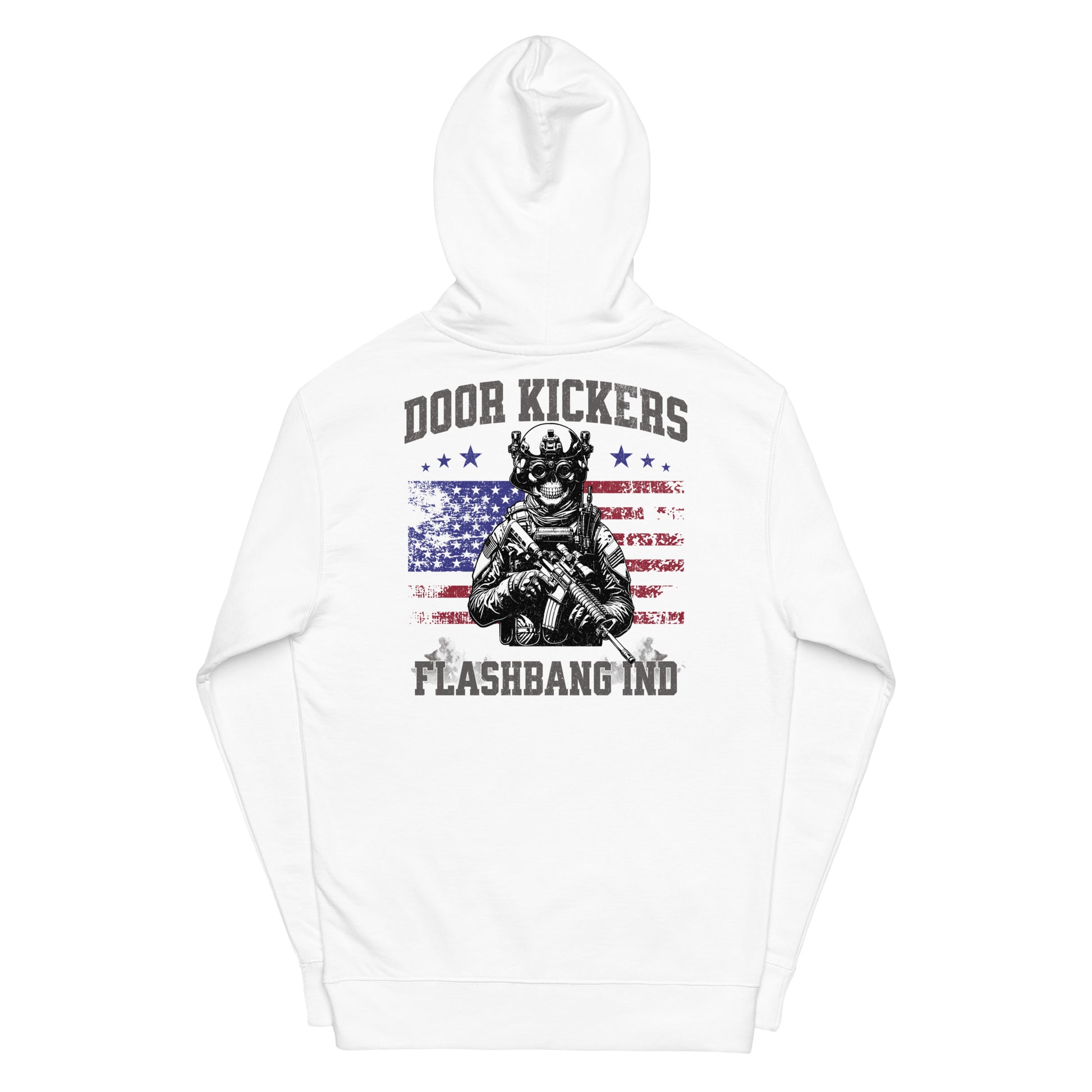 White hoodie with graphic design and text on a white background