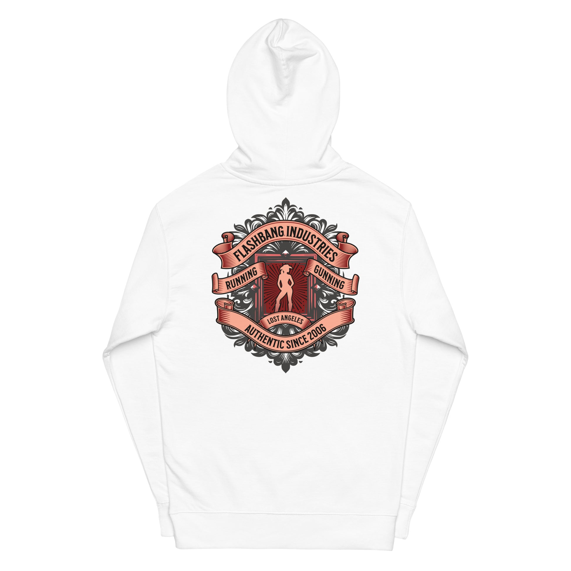 White hoodie with a graphic design on a white background