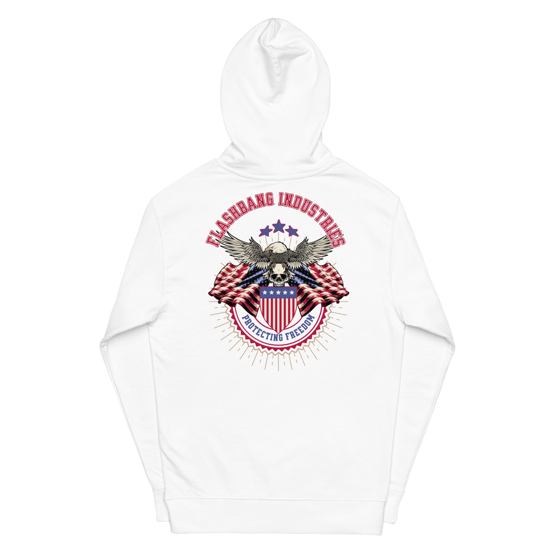 White hoodie with patriotic graphic and text on a white background