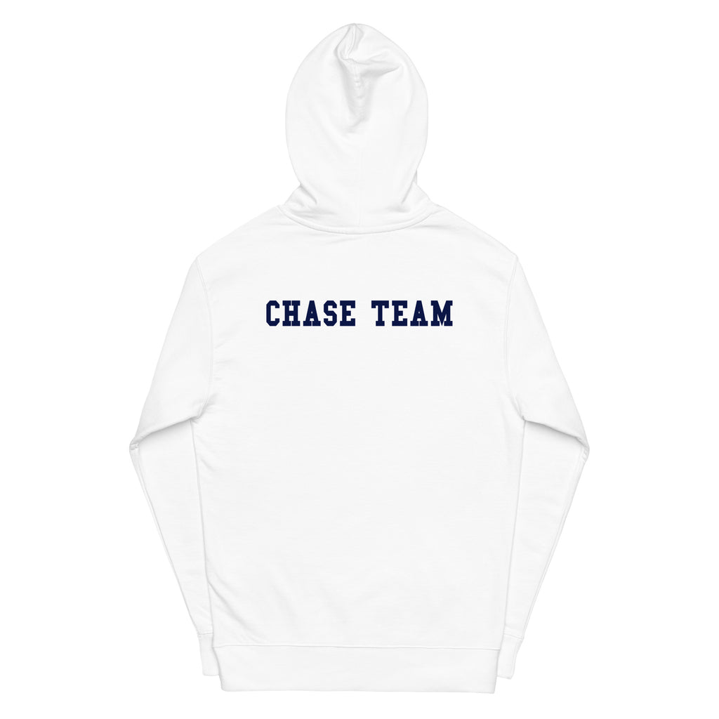 White hoodie with 'CHASE TEAM' text on a white background