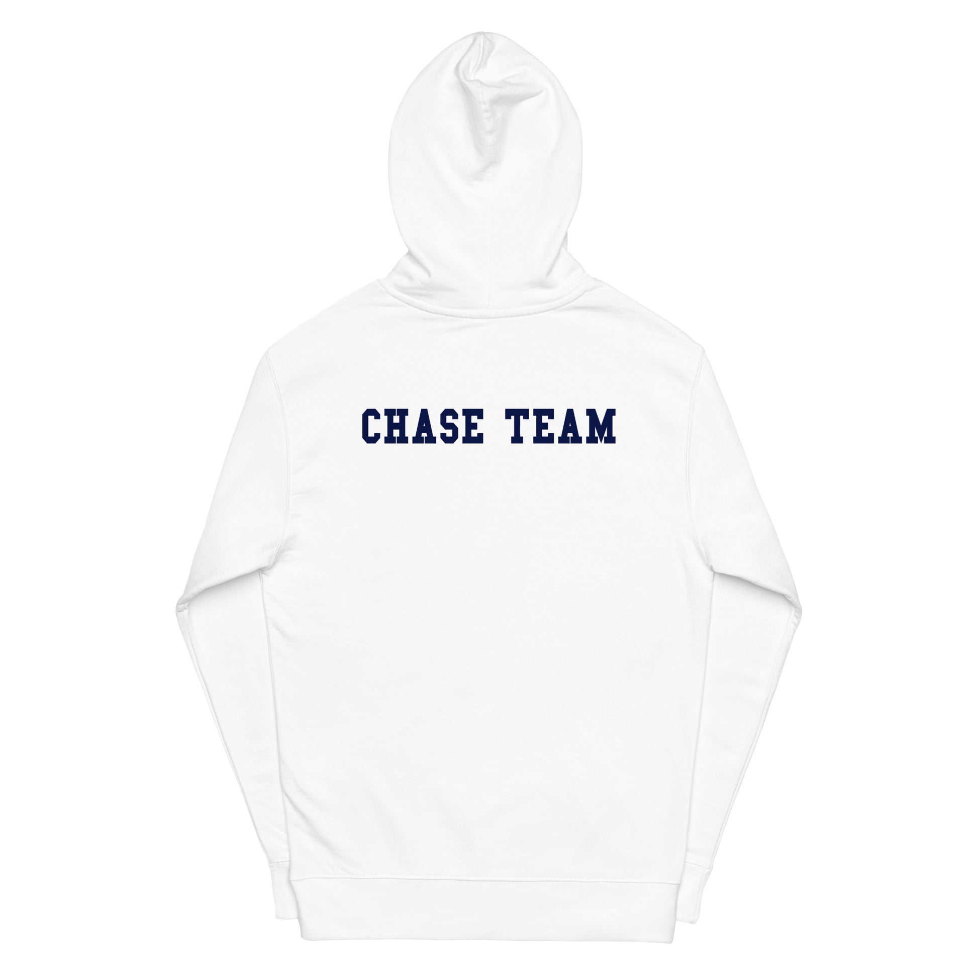 White hoodie with 'CHASE TEAM' text on a white background