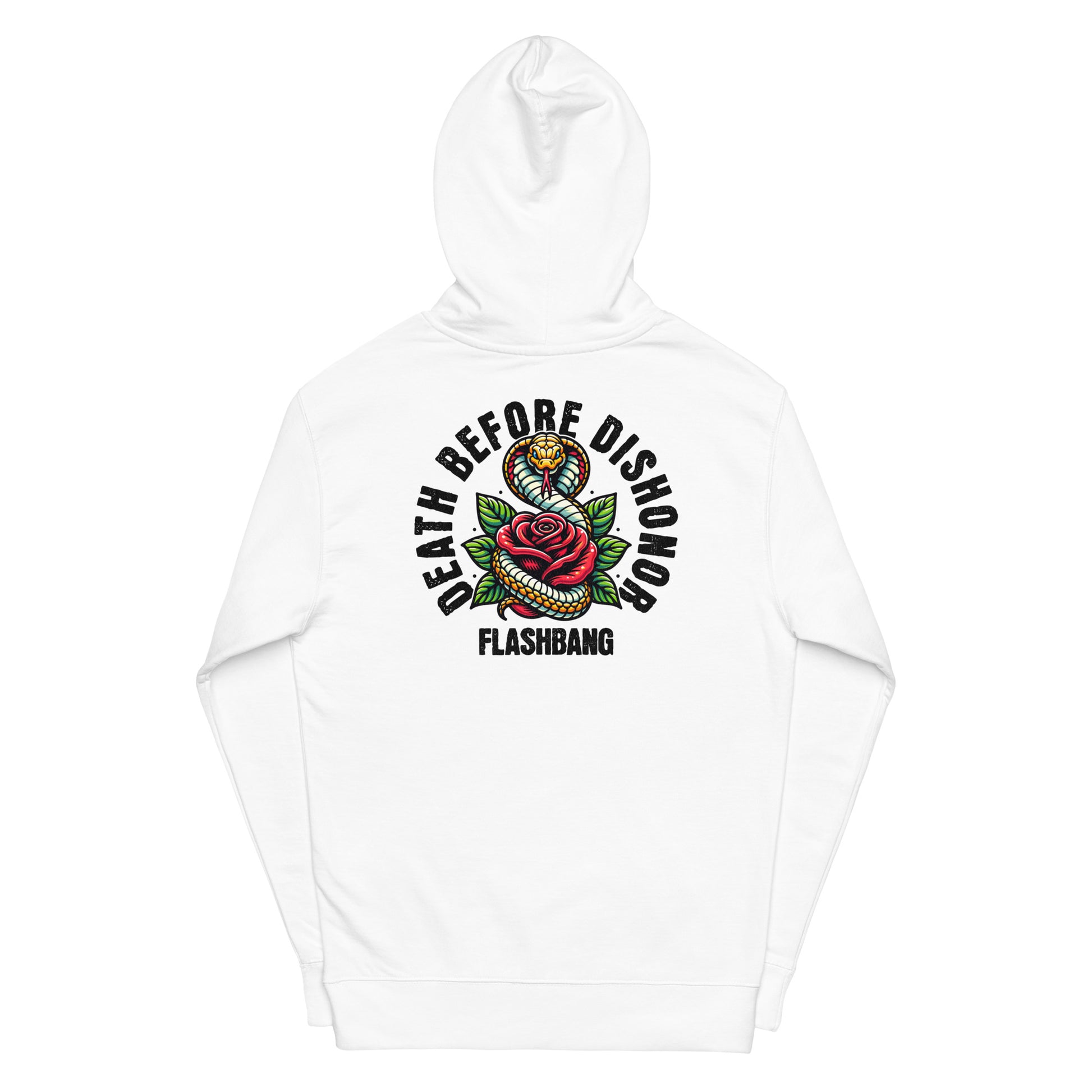 White hoodie with 'Death Before Dishonor Flashbang' graphic on a white background
