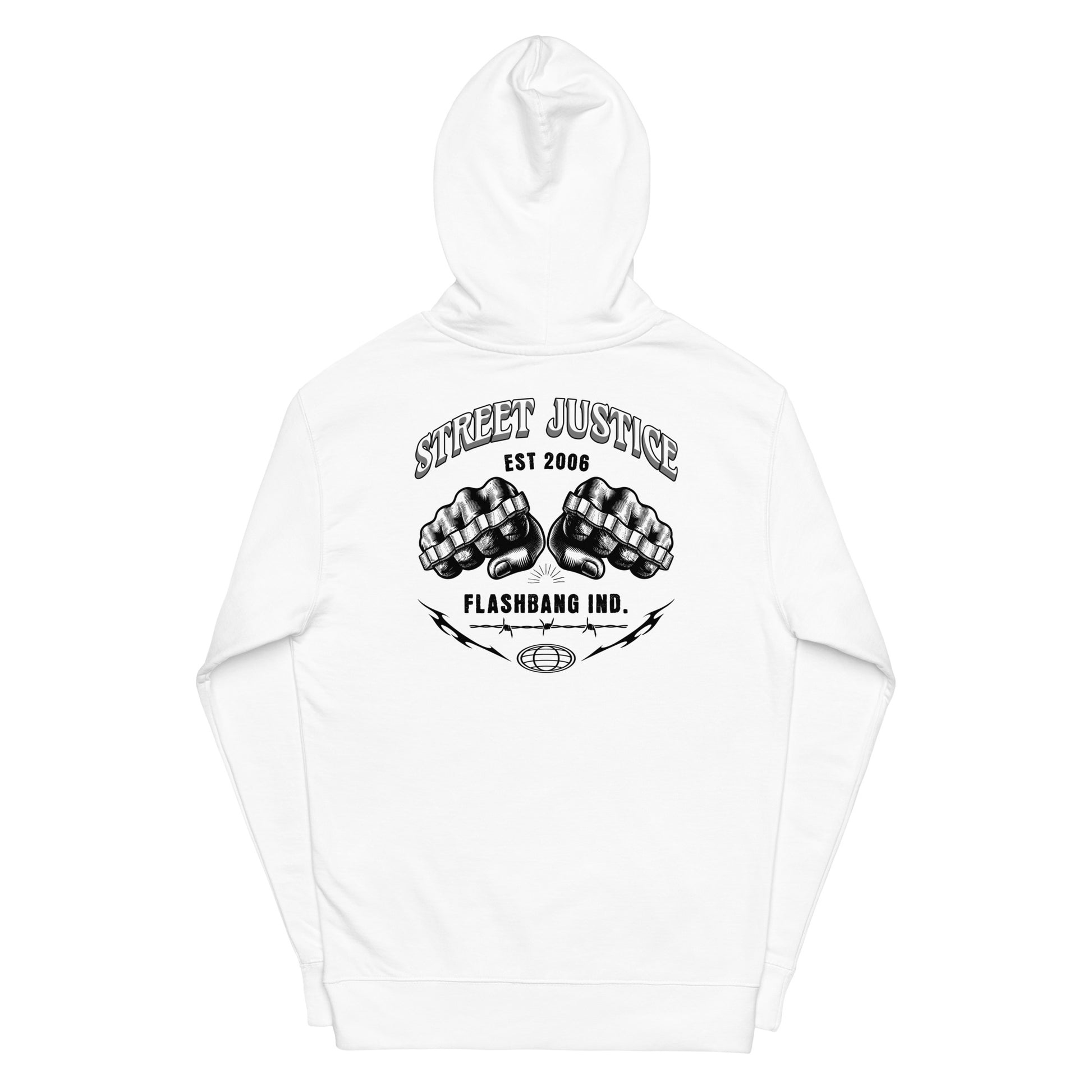 White hoodie with black graphic design on a white background