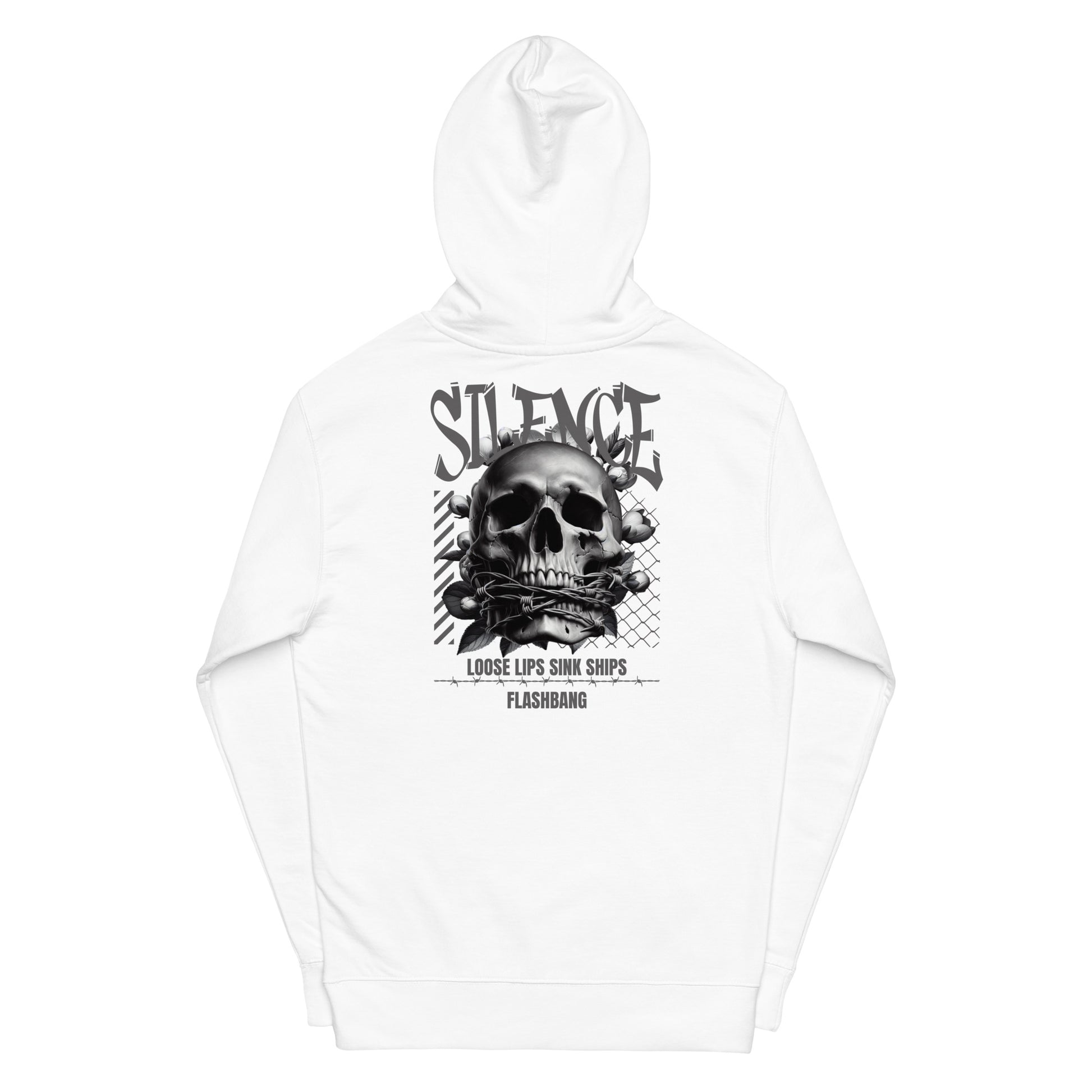 White hoodie with a skull and crossbones design on the back, featuring text.