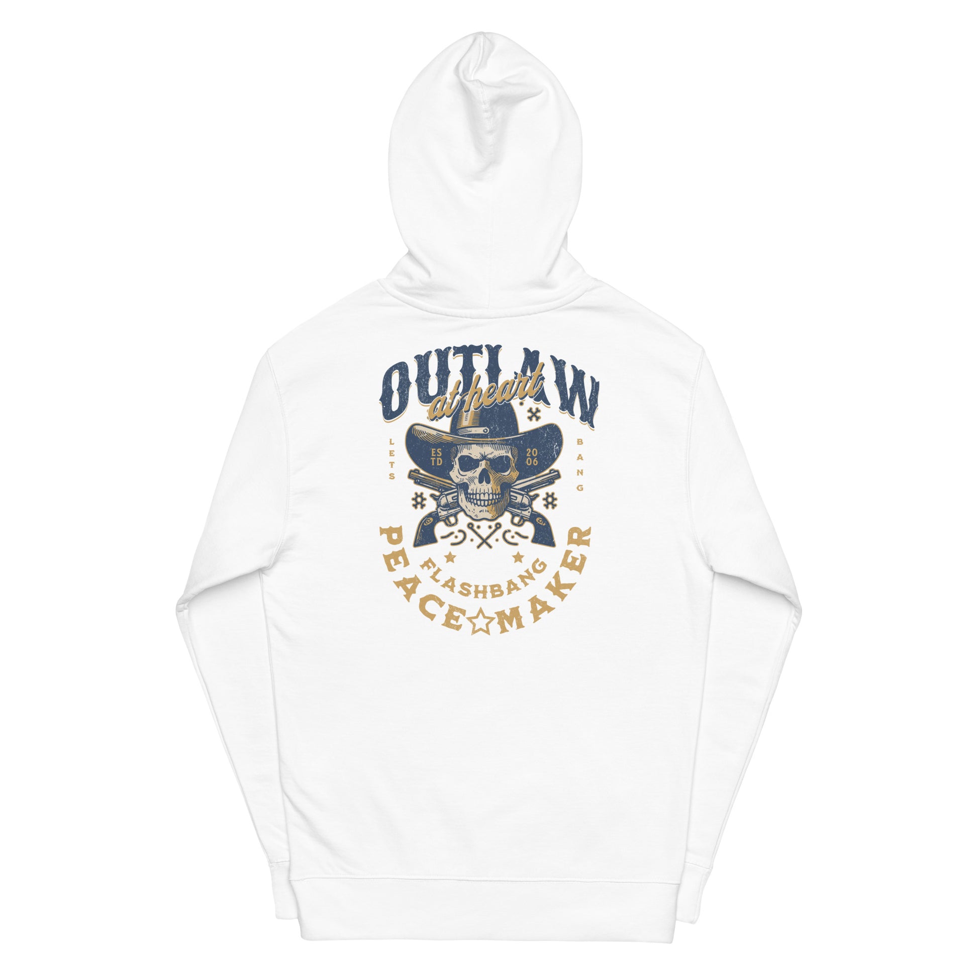 White hoodie with skull and text design on a white background