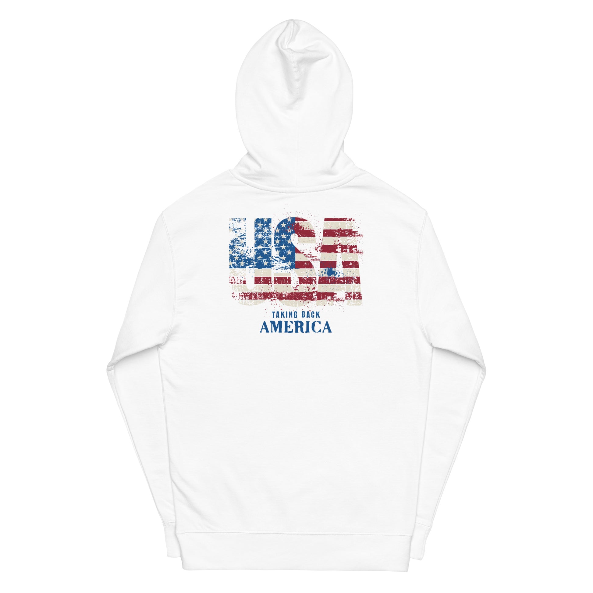 White hoodie with American flag design on a white background