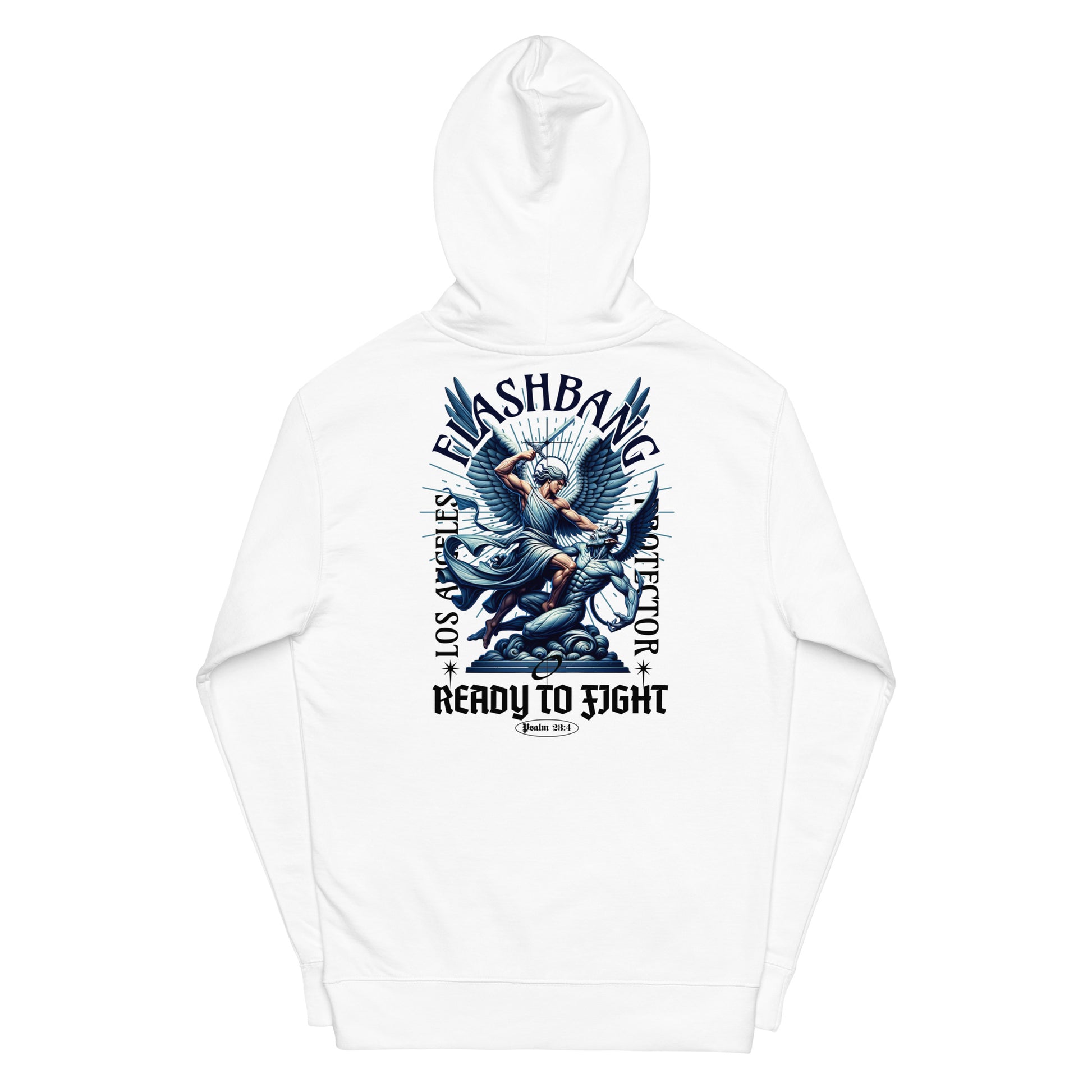White hoodie with graphic design and text on a white background