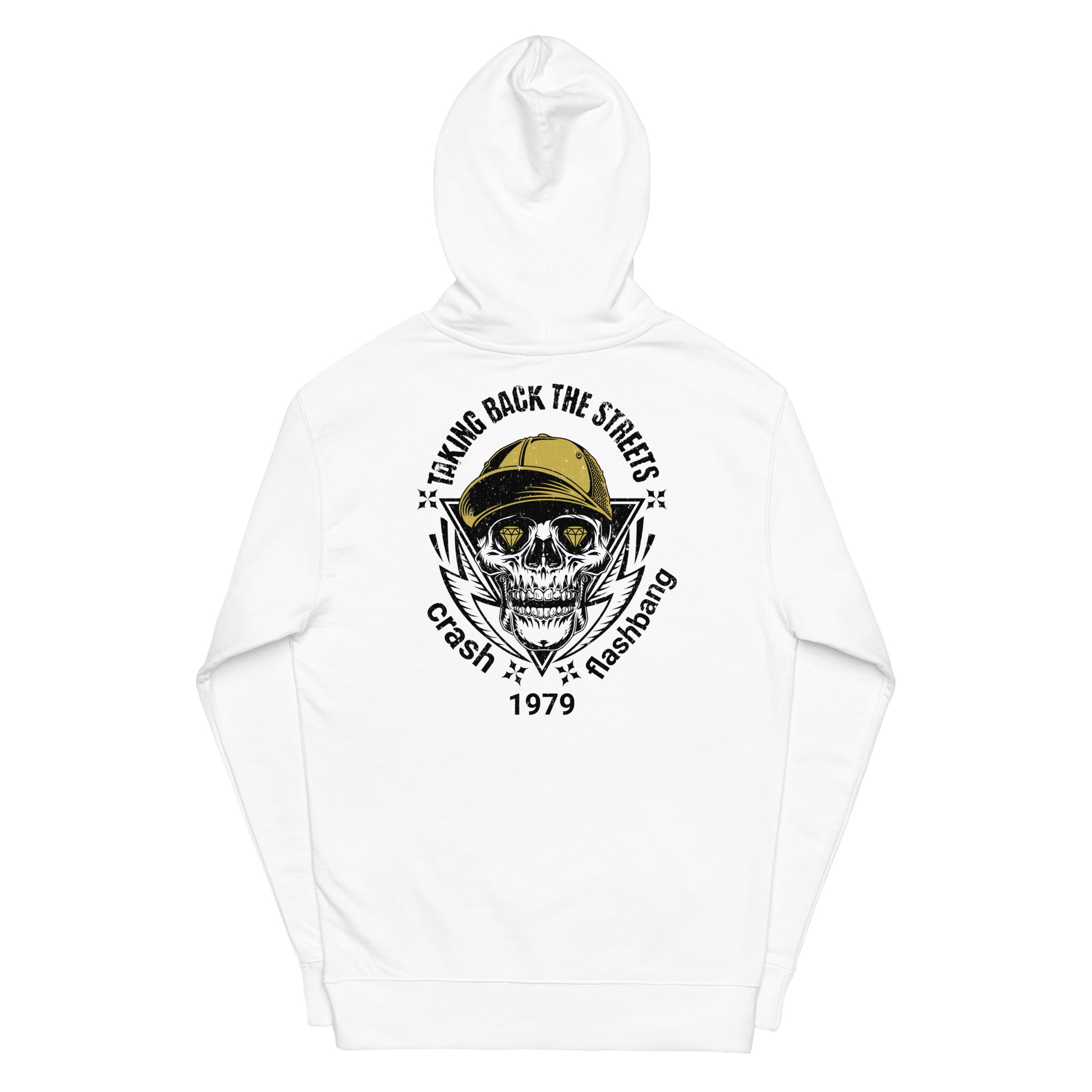 White hoodie with a skull and text design on a white background