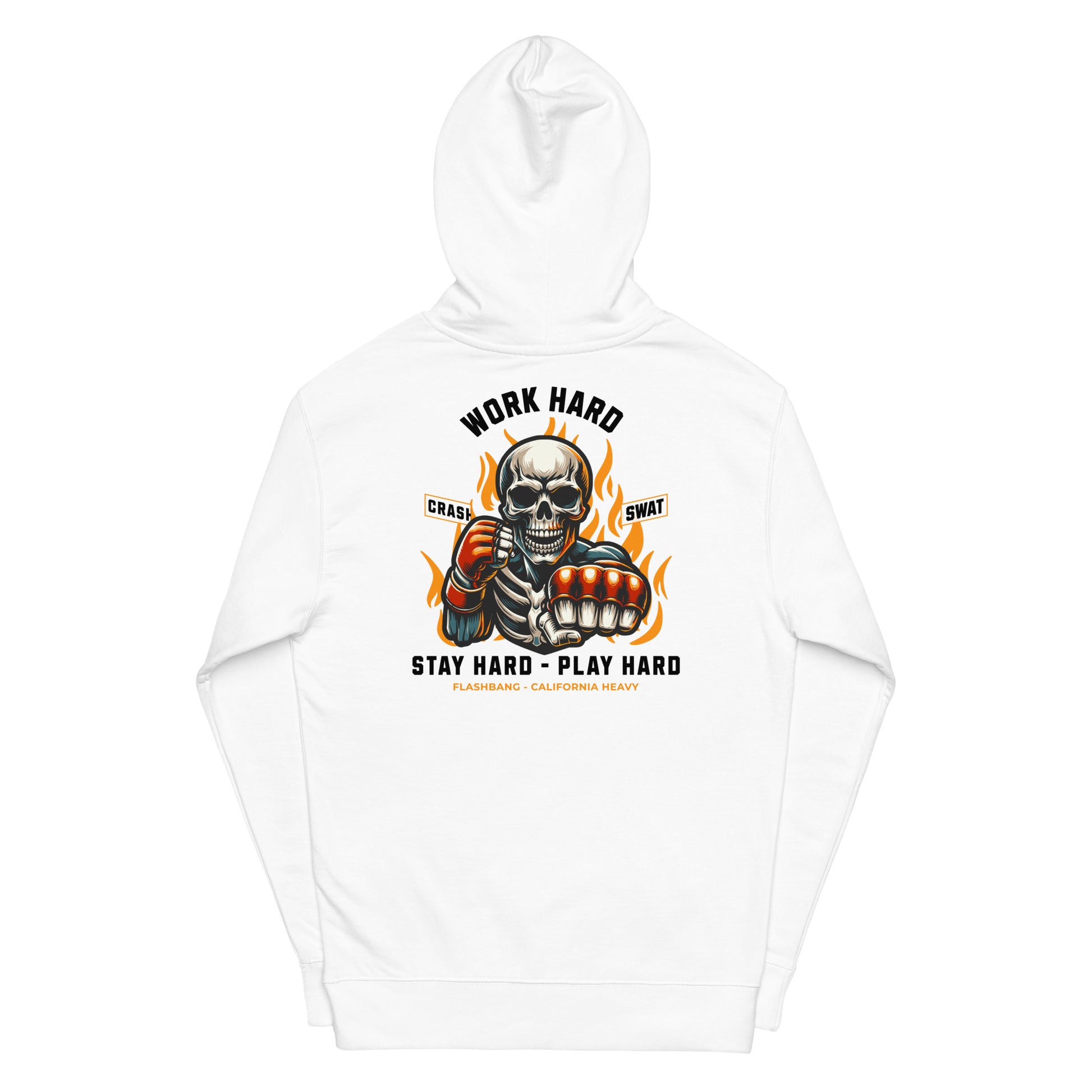 White hoodie with a graphic design featuring a skeleton and text on the back, on a white background.