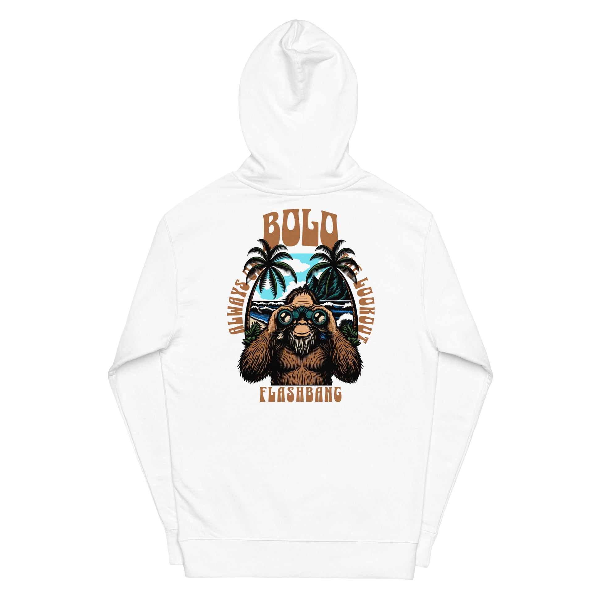 White hoodie with a bear graphic and text on a white background