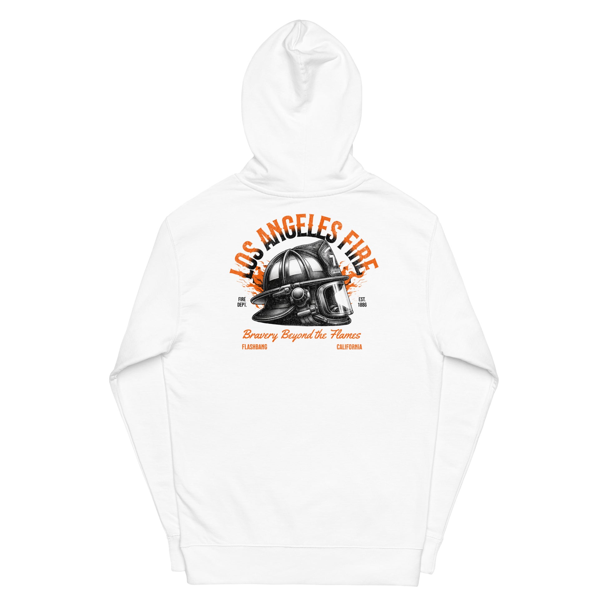 White hoodie with 'Los Angeles Fire' graphic design on a white background