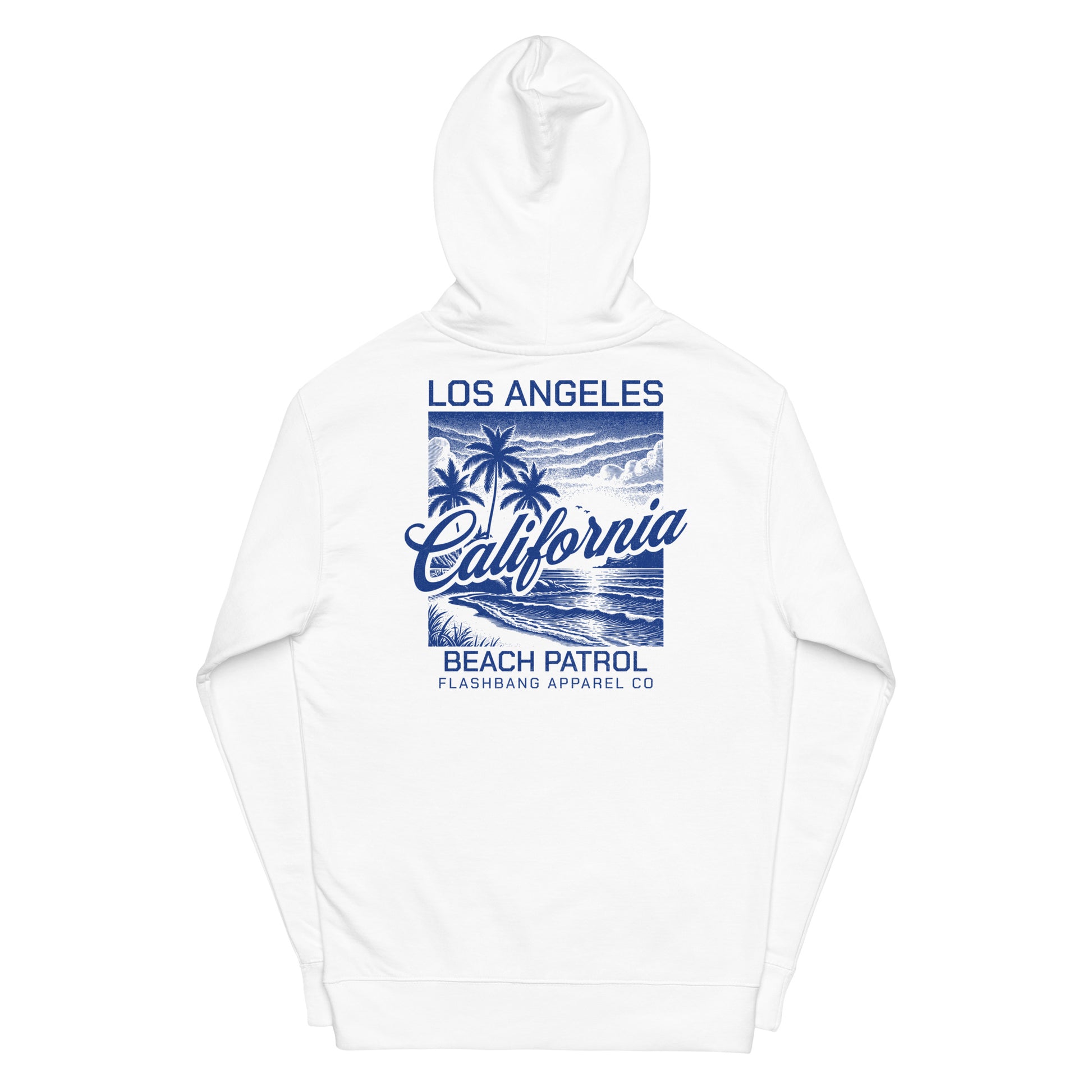 White hoodie with 'Los Angeles California Beach Patrol' graphic on a white background