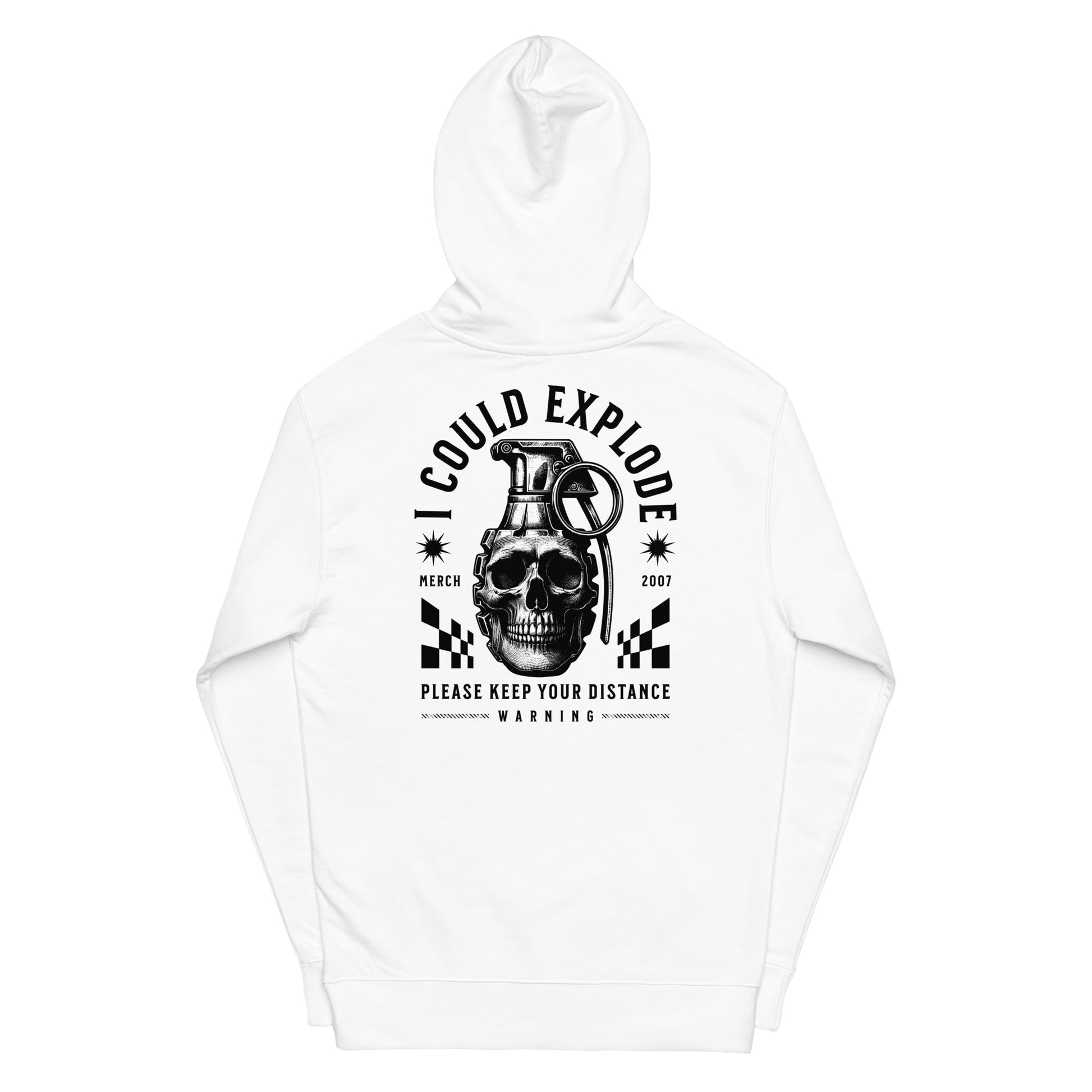 White hoodie with a graphic design on the back featuring a skull and grenade, on a white background.