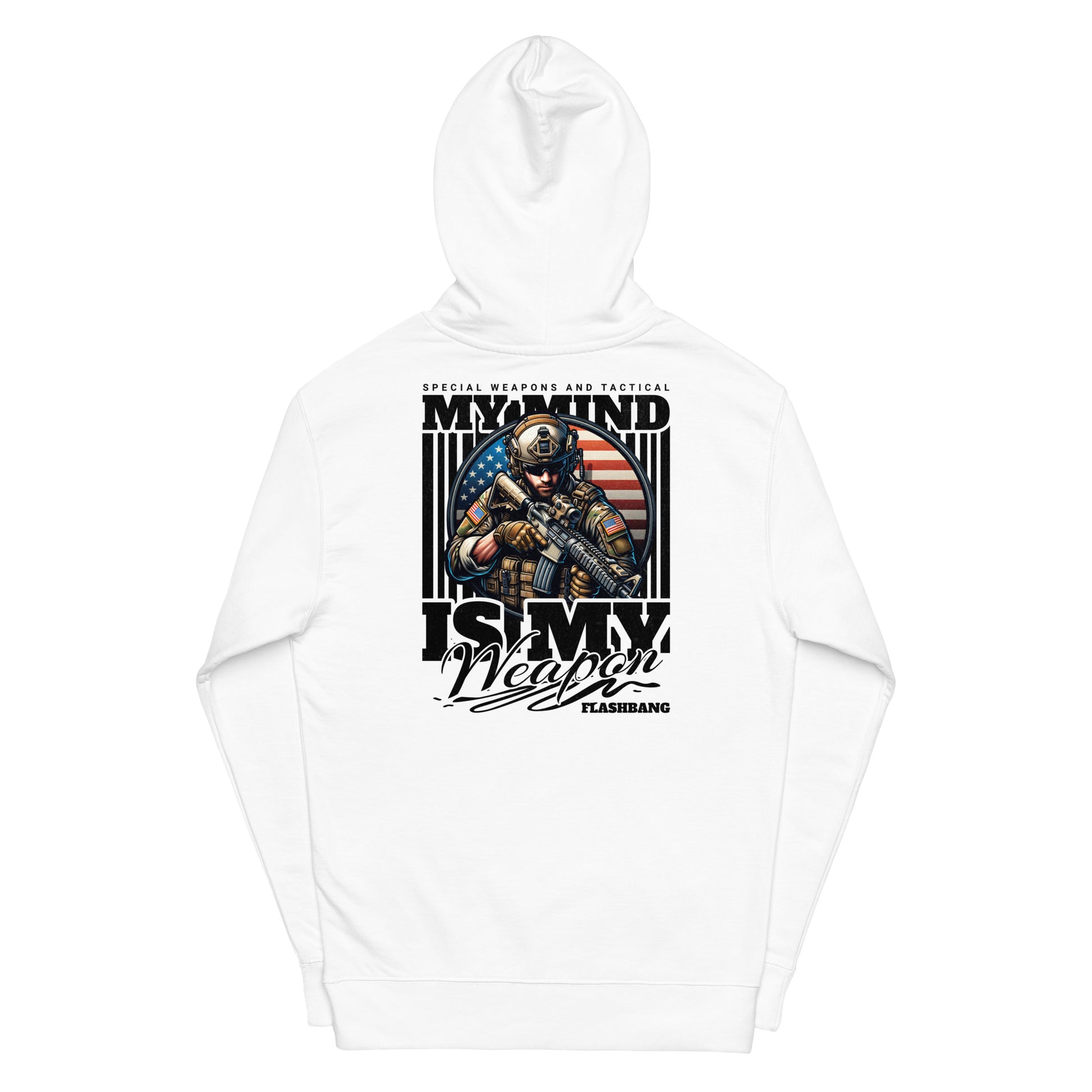 White hoodie with graphic design featuring a soldier and text on a white background