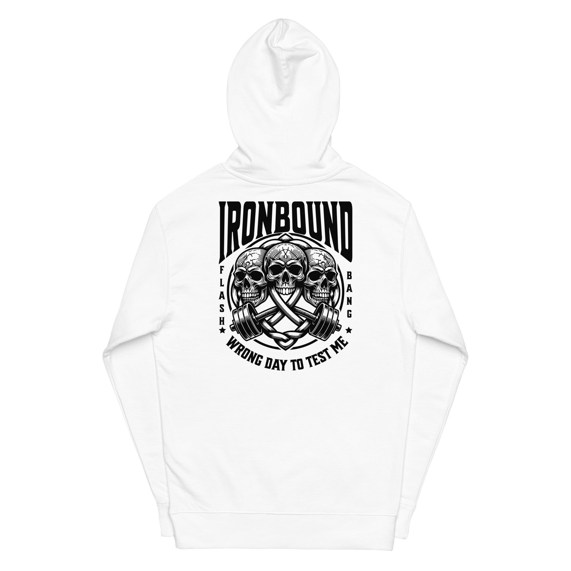 White hoodie with black graphic design and text on a white background