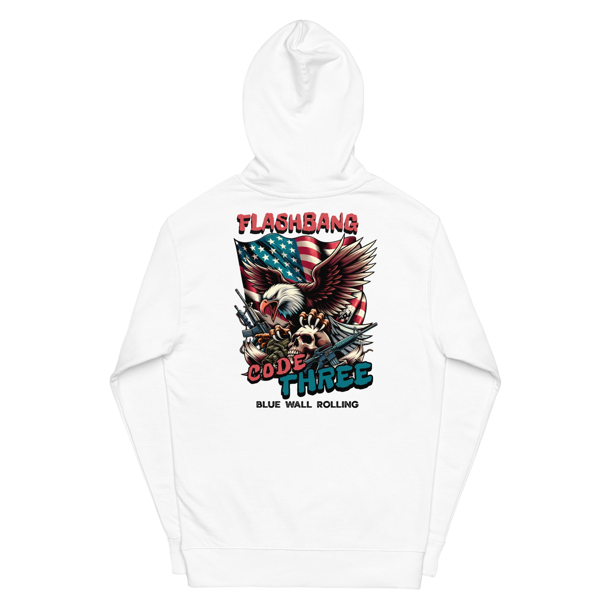 White hoodie with graphic design and text on a white background