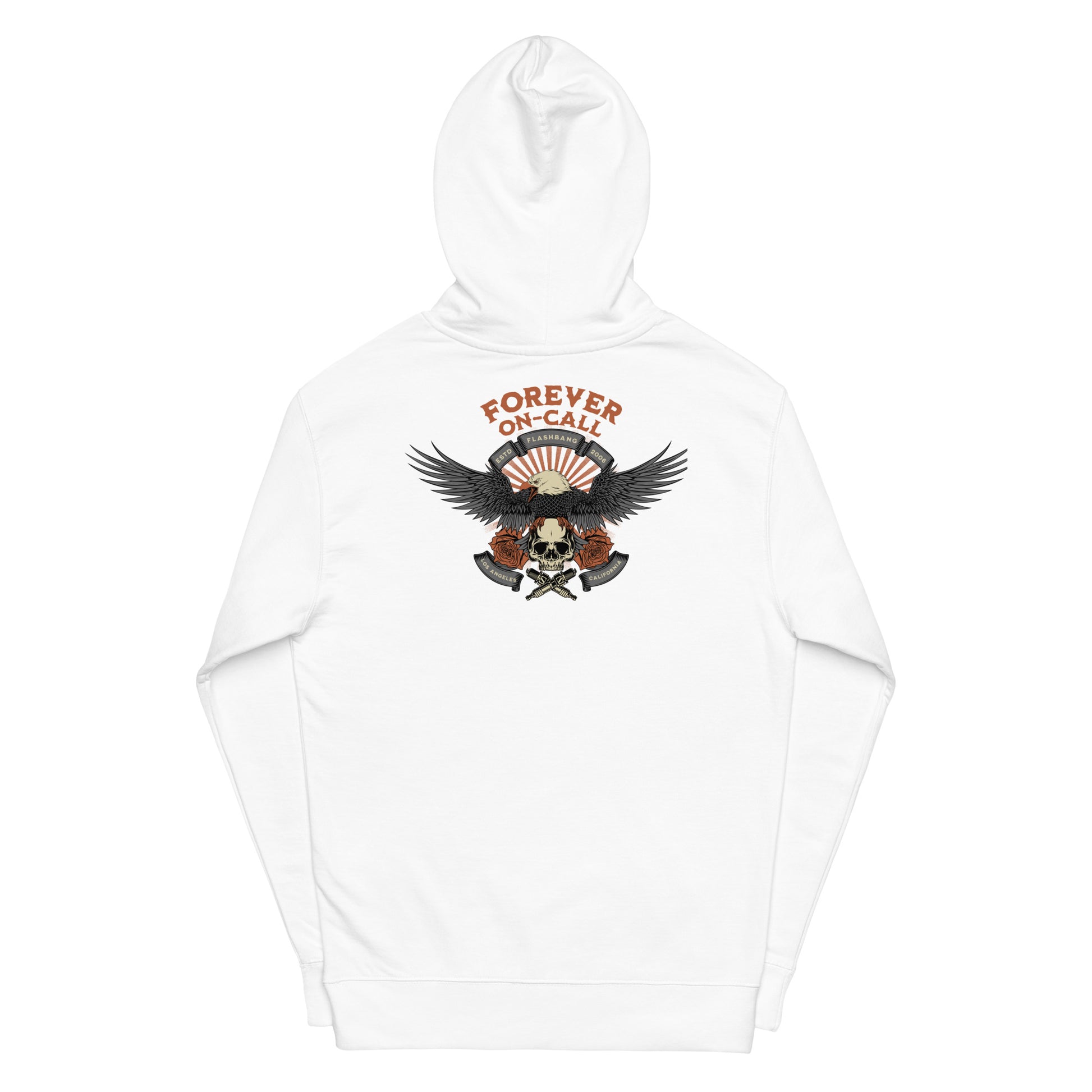 White hoodie with a graphic design of an eagle, skull, and crossed swords on a white background