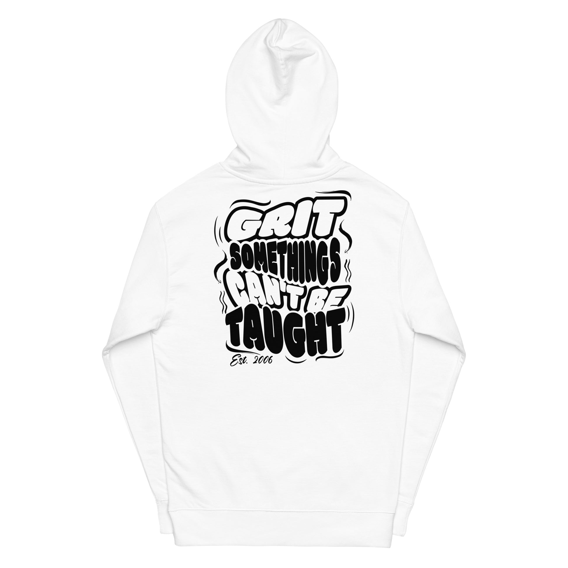 White hoodie with black text design on a white background