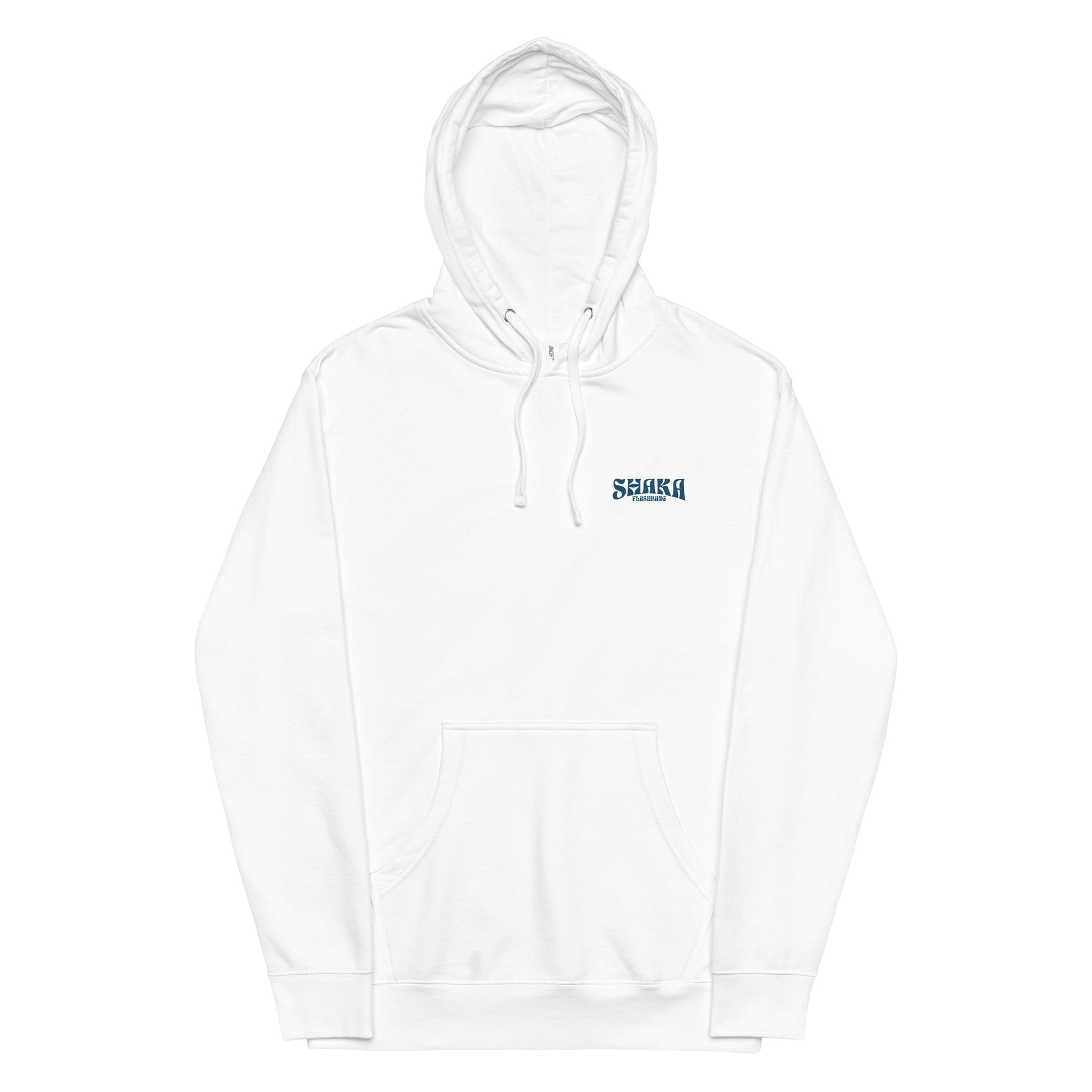White hoodie with a brand logo on a white background