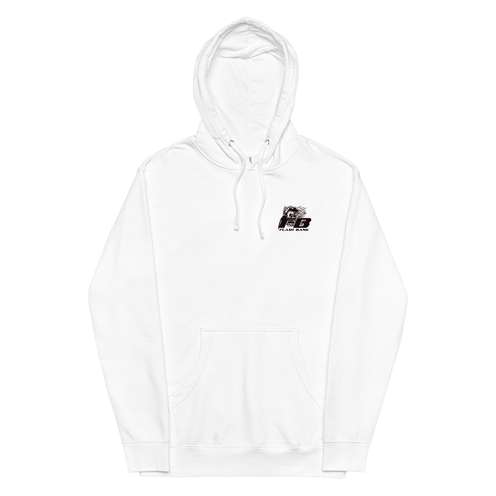 White hoodie with a small logo on the chest against a white background