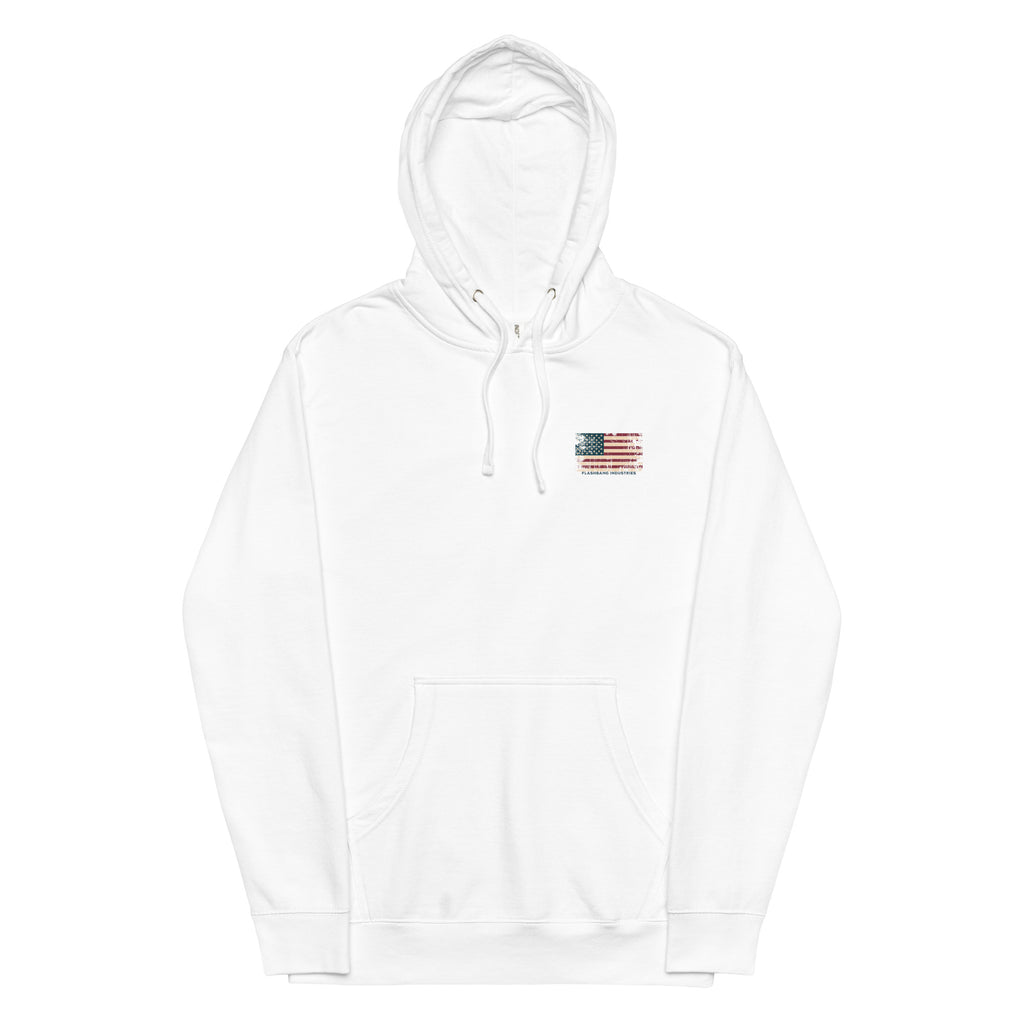 White hoodie with a small flag patch on a white background