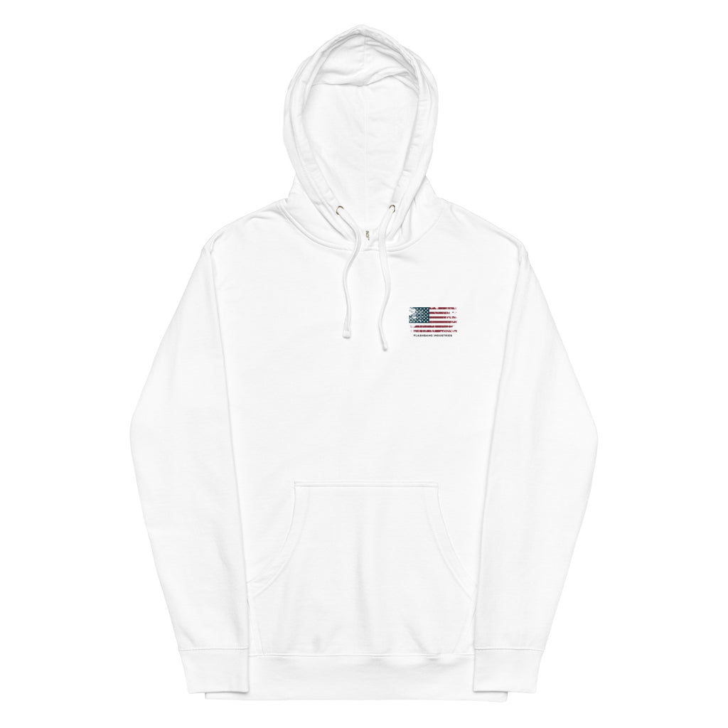 White hoodie with a small flag patch on a white background
