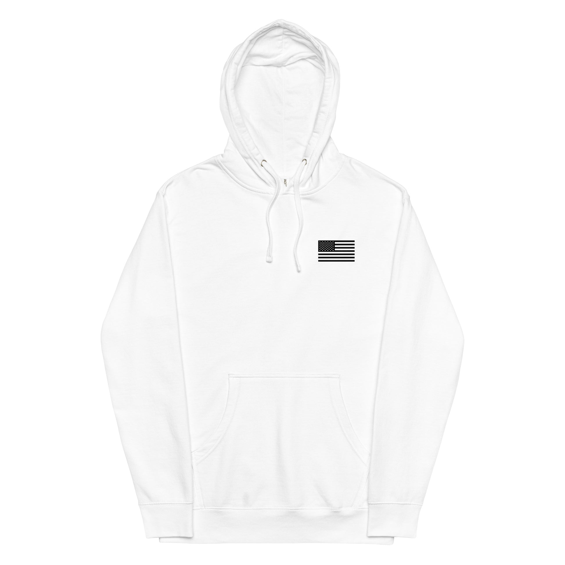 White hoodie with a small black flag patch on a white background