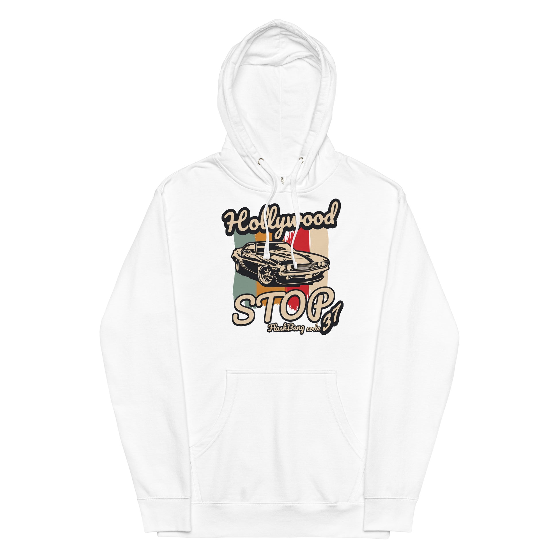White hoodie with a colorful graphic design on a white background