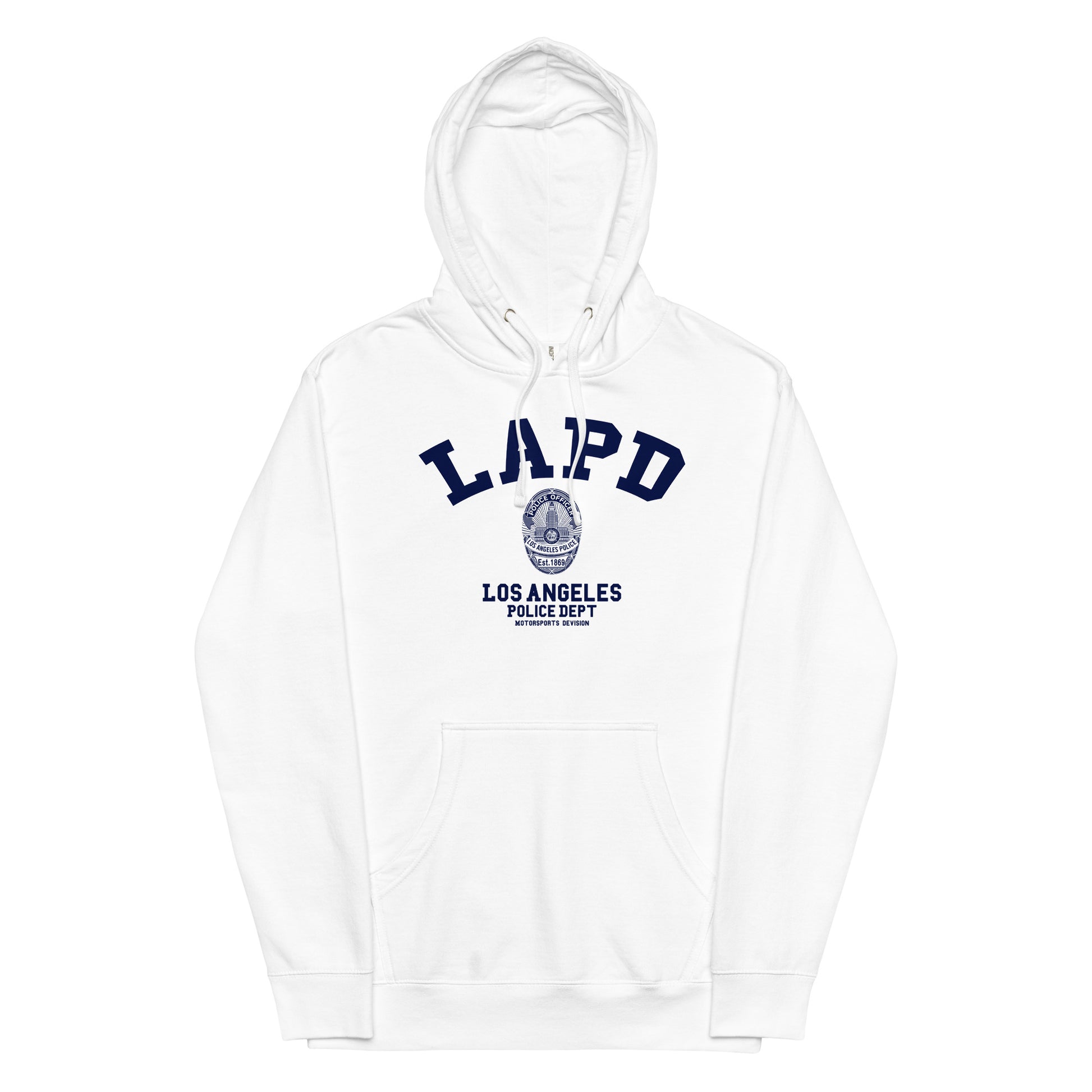 White hoodie with LAPD Los Angeles Police Dept logo on a white background