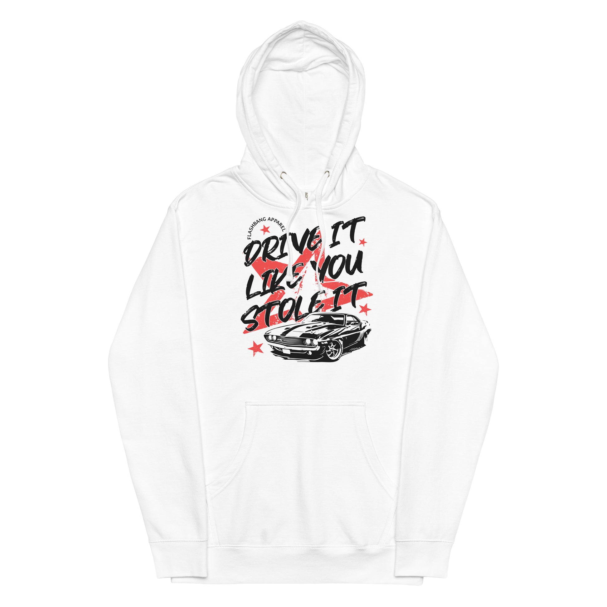 White hoodie with graphic design and text on a white background