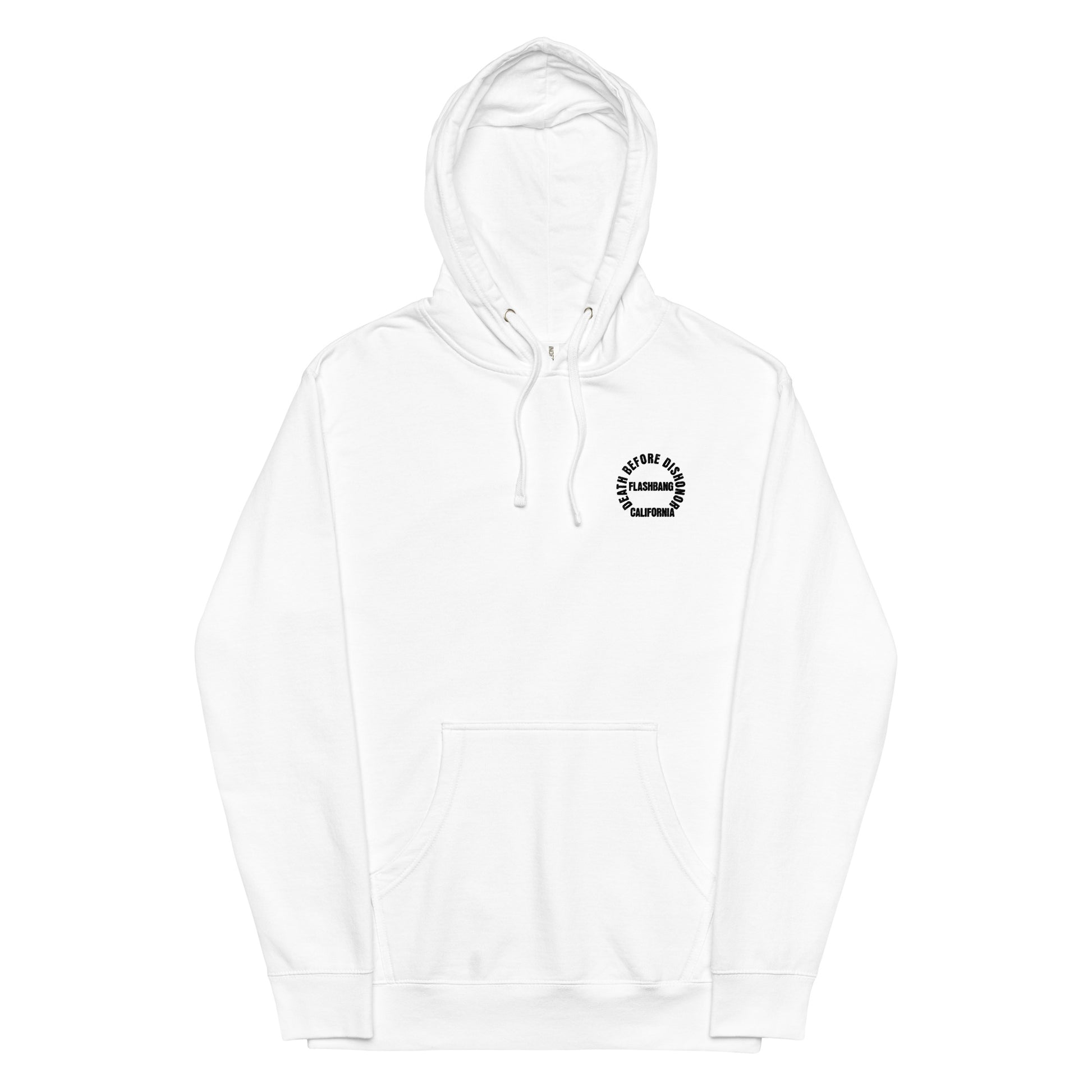 White hoodie with a black logo on a white background