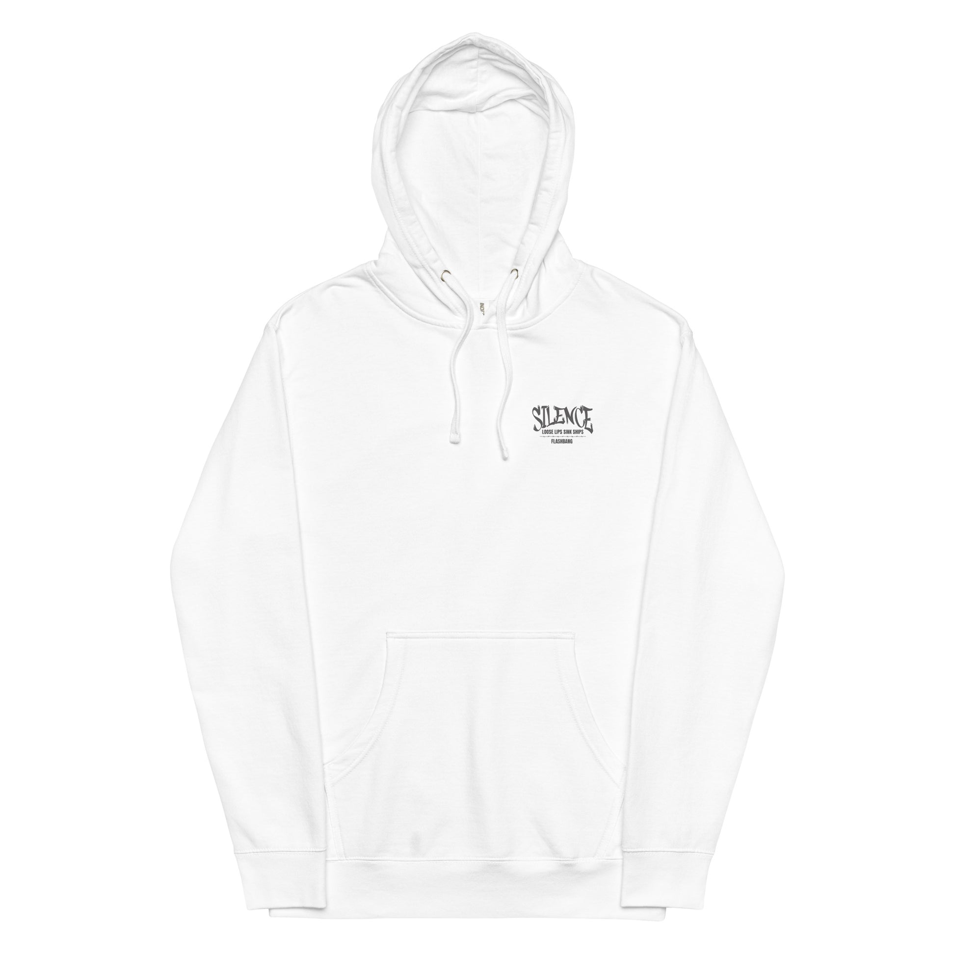 White hoodie with a logo on the chest against a white background