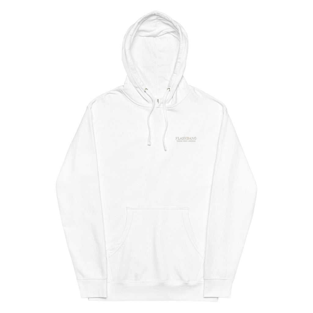 White hoodie with a brand logo on a white background