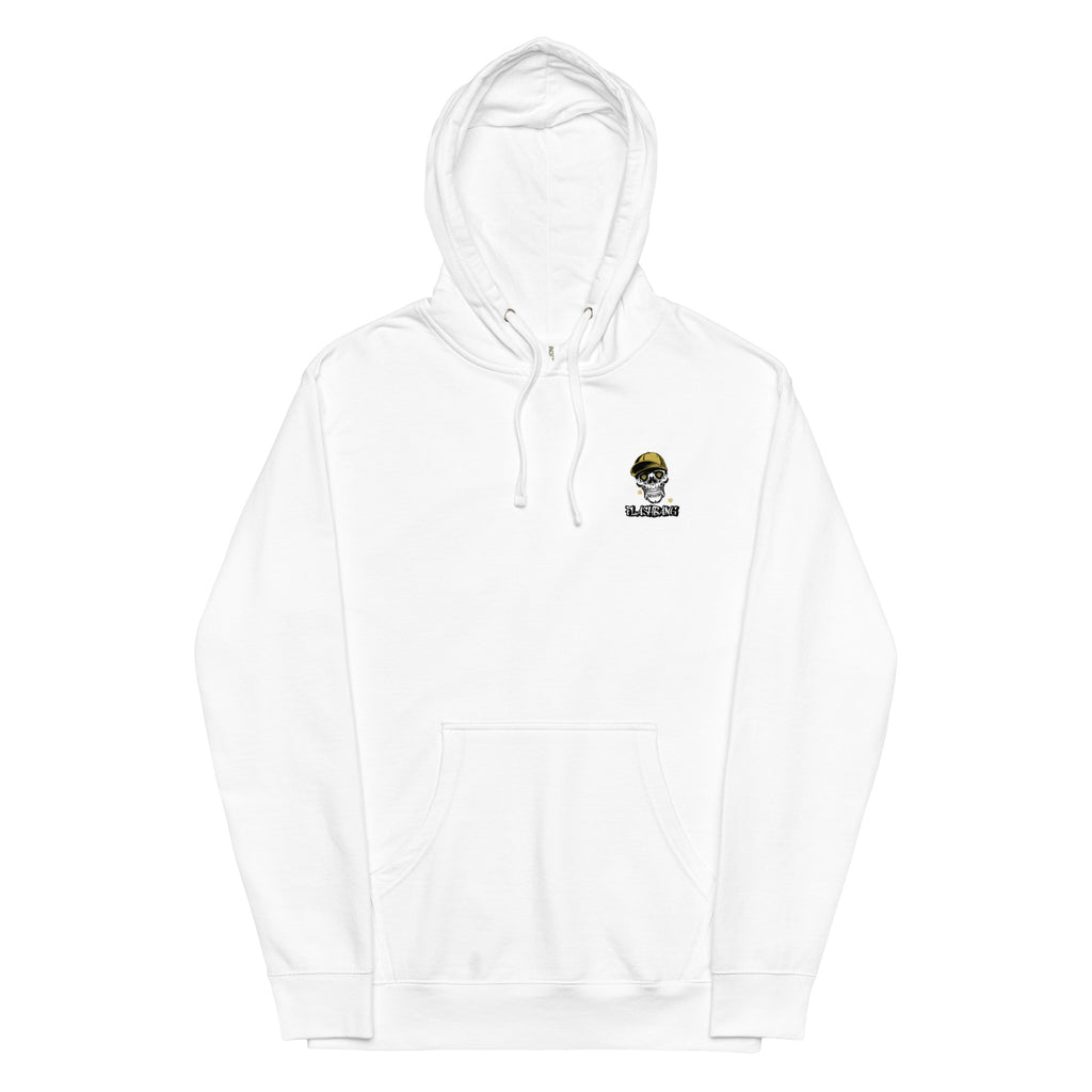 White hoodie with a small graphic on the chest against a white background