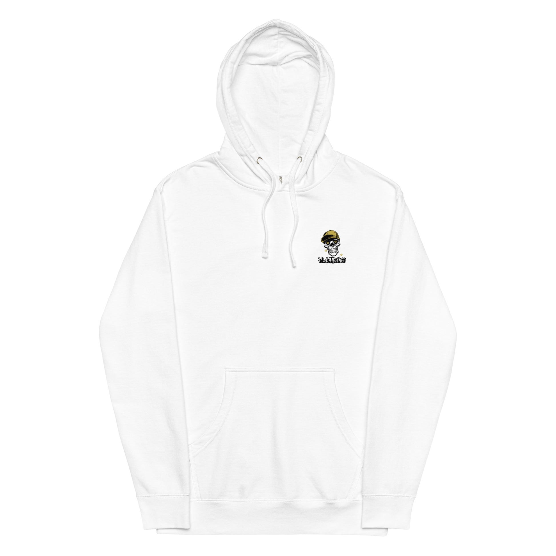 White hoodie with a small graphic on the chest against a white background