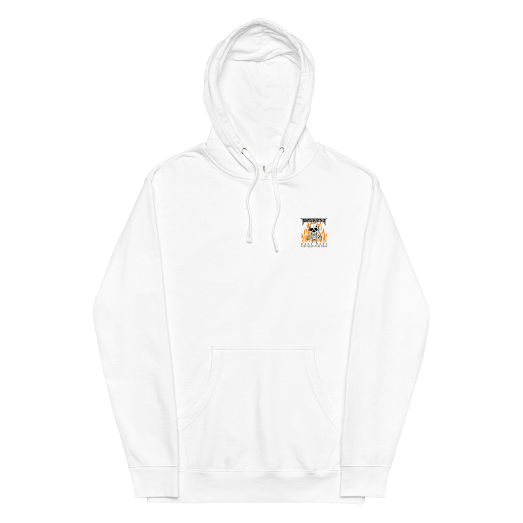 White hoodie with a small logo on the chest against a white background