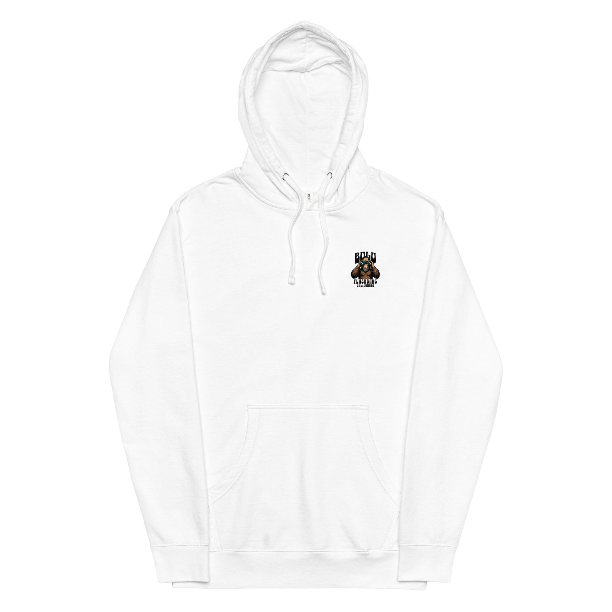 White hoodie with a small logo on the chest against a white background