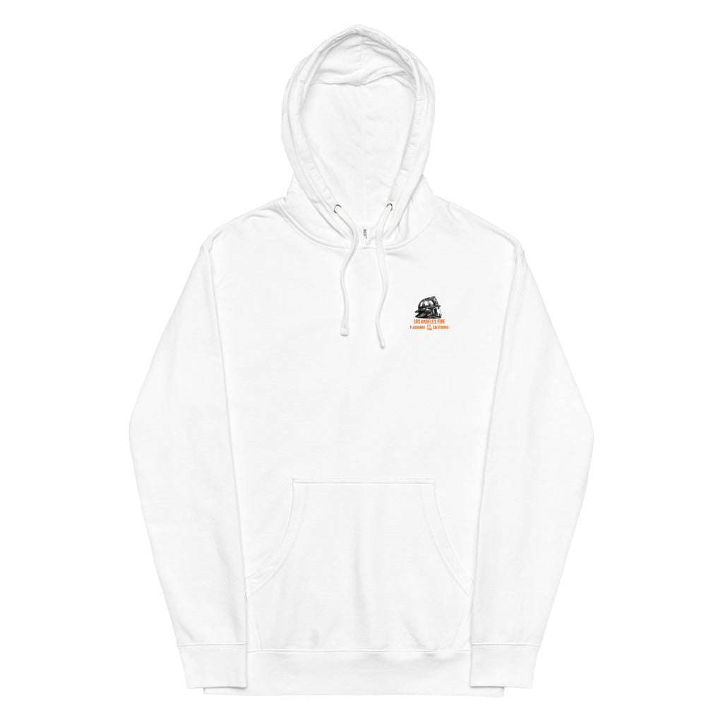 White hoodie with a small logo on the chest against a white background