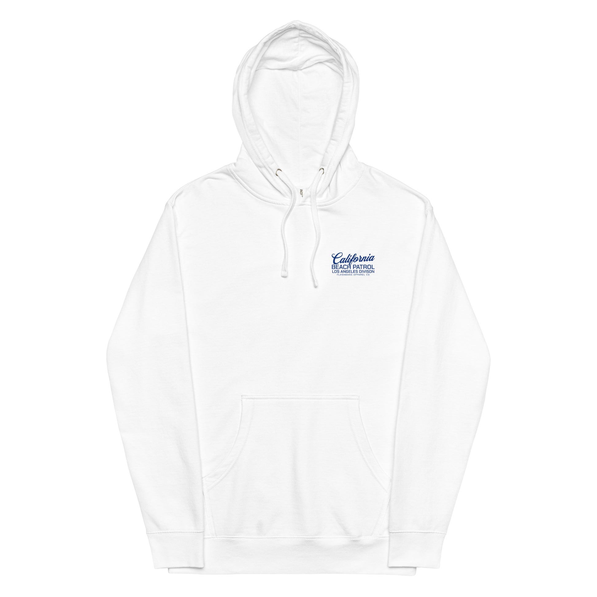 White hoodie with a logo on the chest against a white background