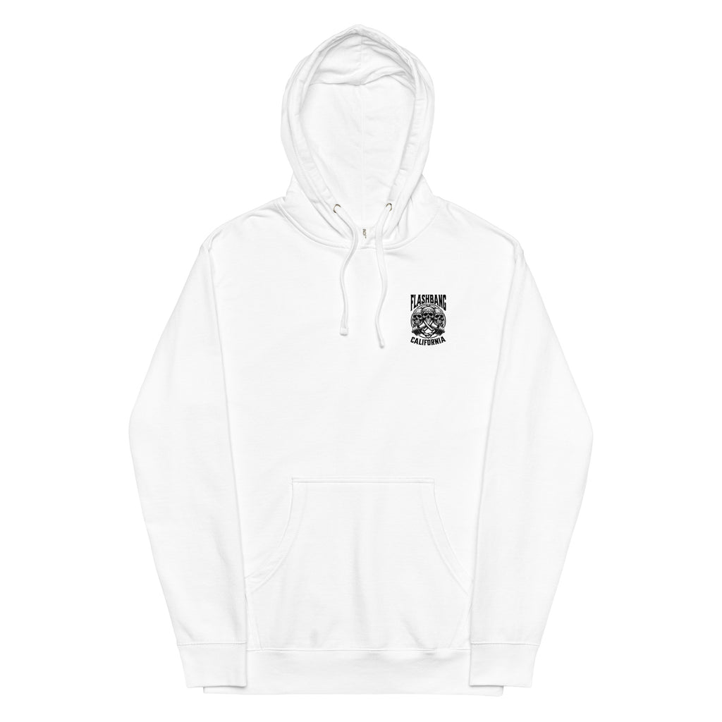 White hoodie with a logo on the chest against a white background