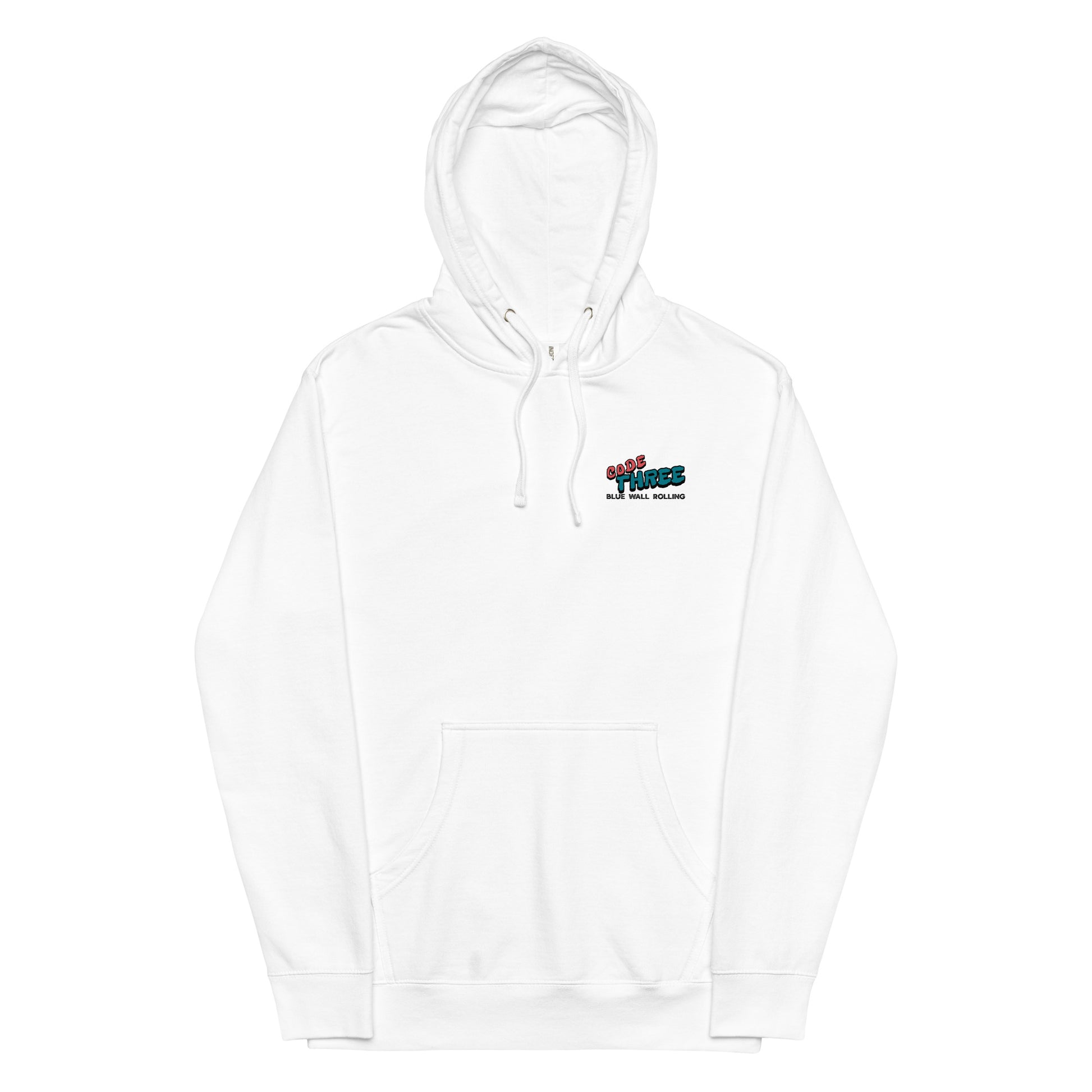 White hoodie with a colorful logo on a white background