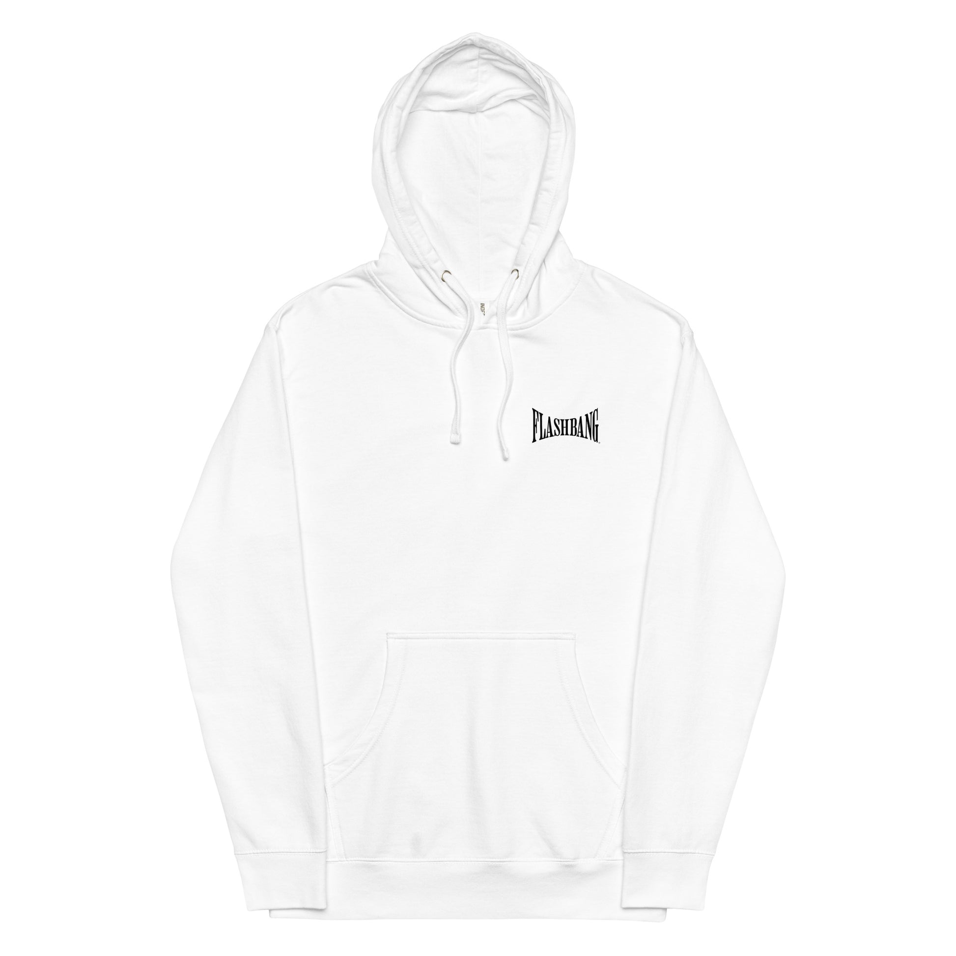 White hoodie with a brand logo on a white background