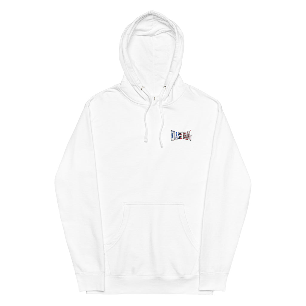 White hoodie with a small logo on the chest against a white background