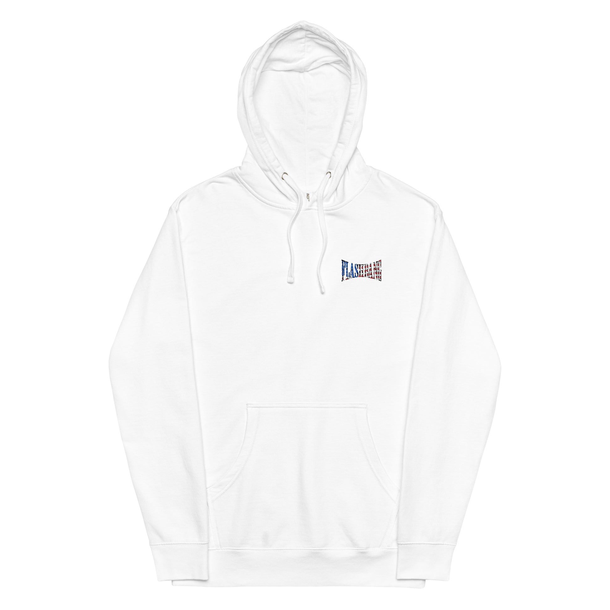 White hoodie with a small logo on the chest against a white background