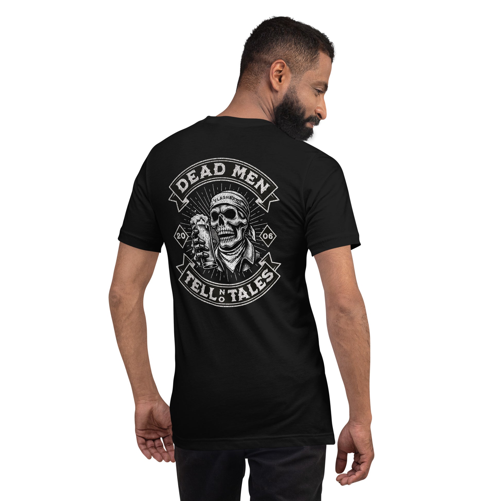 Dead Men Tell No Tales T-shirt featuring skull and beer design - Back View - Black - Model Guy