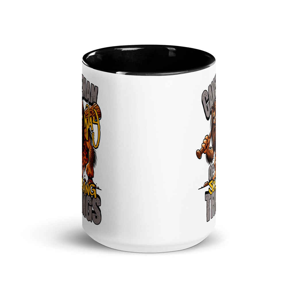 White mug with black interior and handle, featuring cartoon characters and text on a white background.